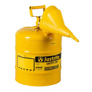 Justrite Type I Steel Safety Can for flammables, Funnel 11202Y, 5 gallon, S/S flame arrester, s/c lid, Yellw.