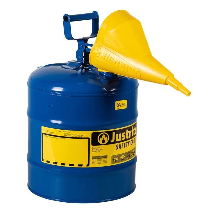 Justrite Type I Steel Safety Can for flammables, Funnel 11202Y, 5 gallon, S/S flame arrester, s/c lid, Blue.