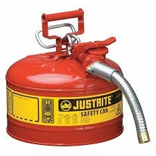 Justrite Type II AccuFlow™ Steel Safety Can for flammables, 2.5 gal., S/S flame arrester, 1" metal hose, Red.