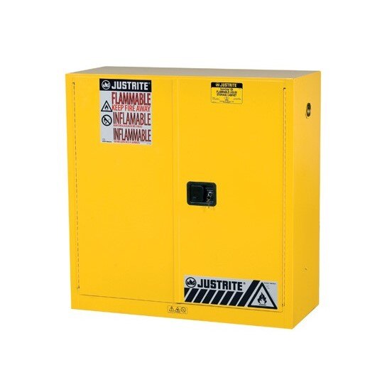Justrite Sure-Grip® EX Flammable Safety Cabinet, Dims. 44"H, Cap. 30 gal., 1 shelf, 2 m/c doors, Yellow.