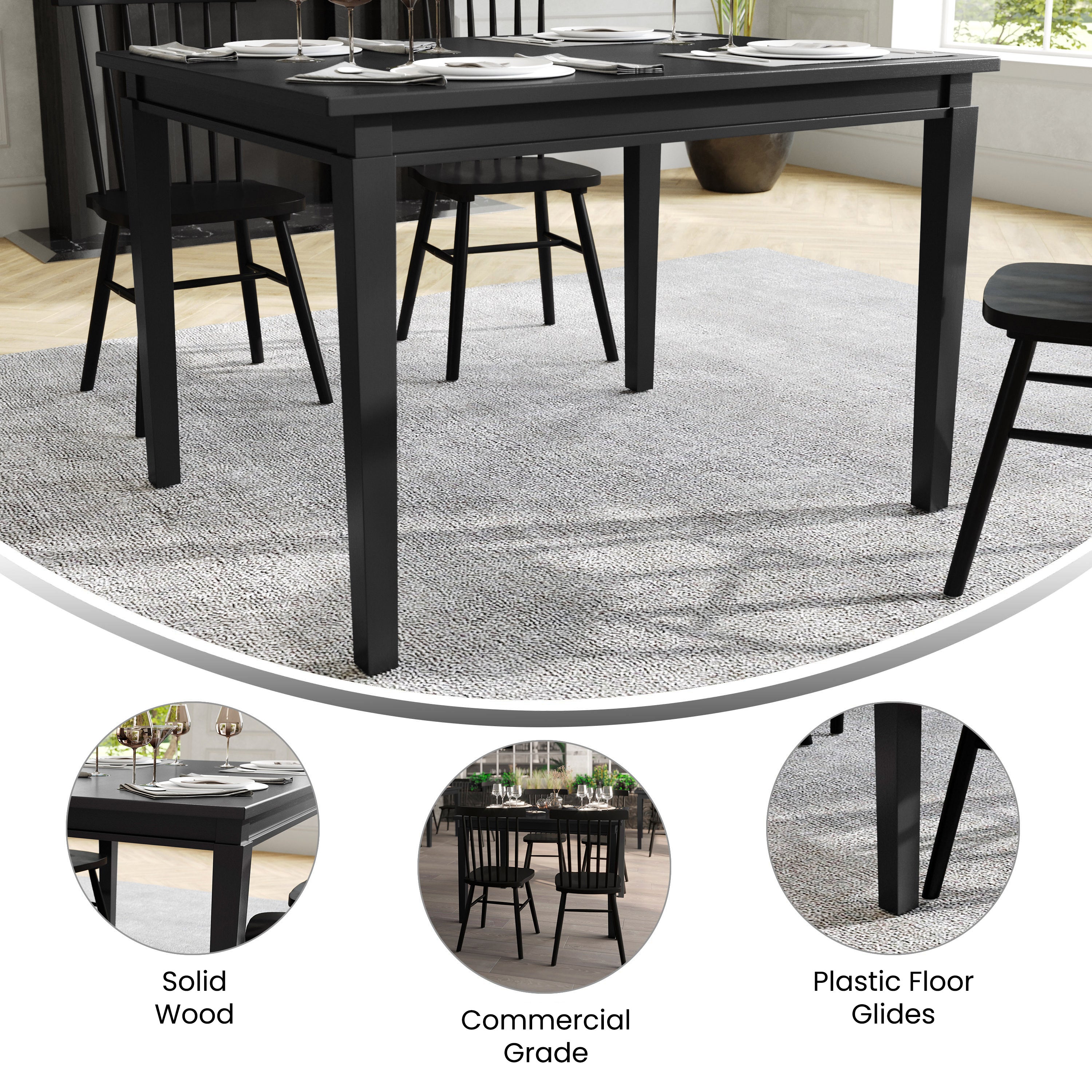 Henry 47" Solid Wood Dining Table, Commercial Grade Heavy Duty Rectangle Wood Table for 4, Black Matte Finish