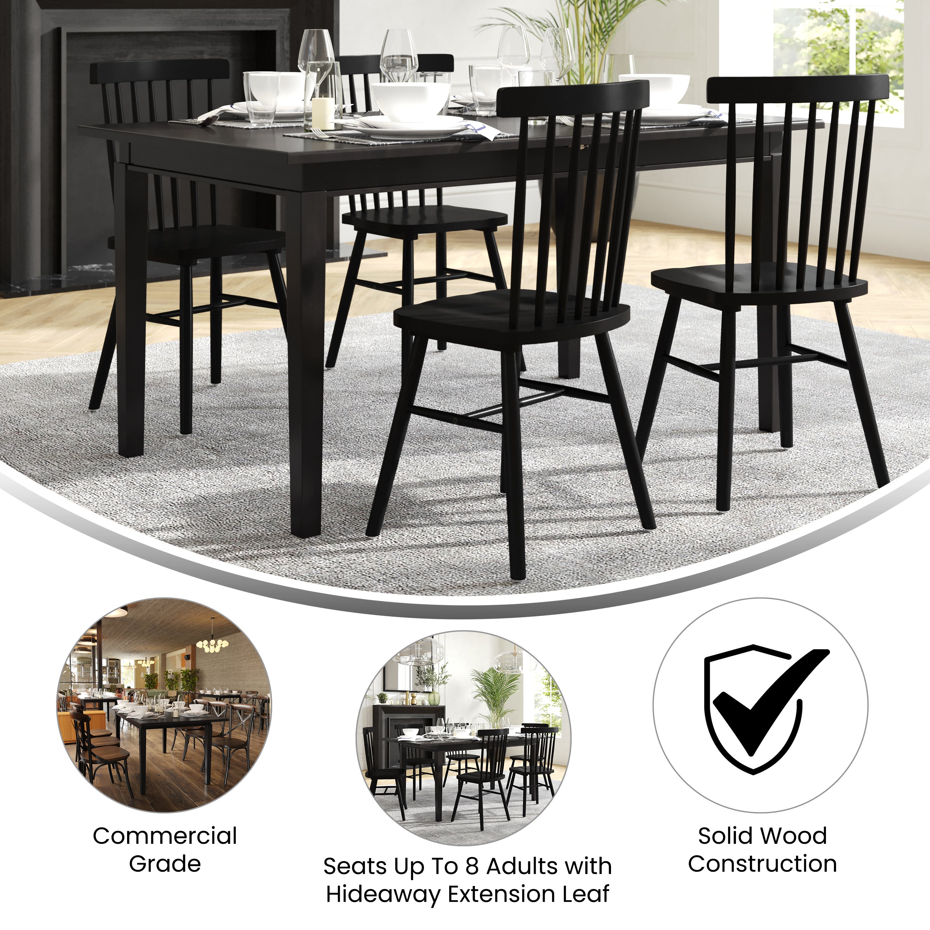 Henry 72" Commercial Grade Solid Wood Rectangular Dining Table with Hideaway 12 Inch Extension Panel and Seating for 6-8 Adults in Matte Black