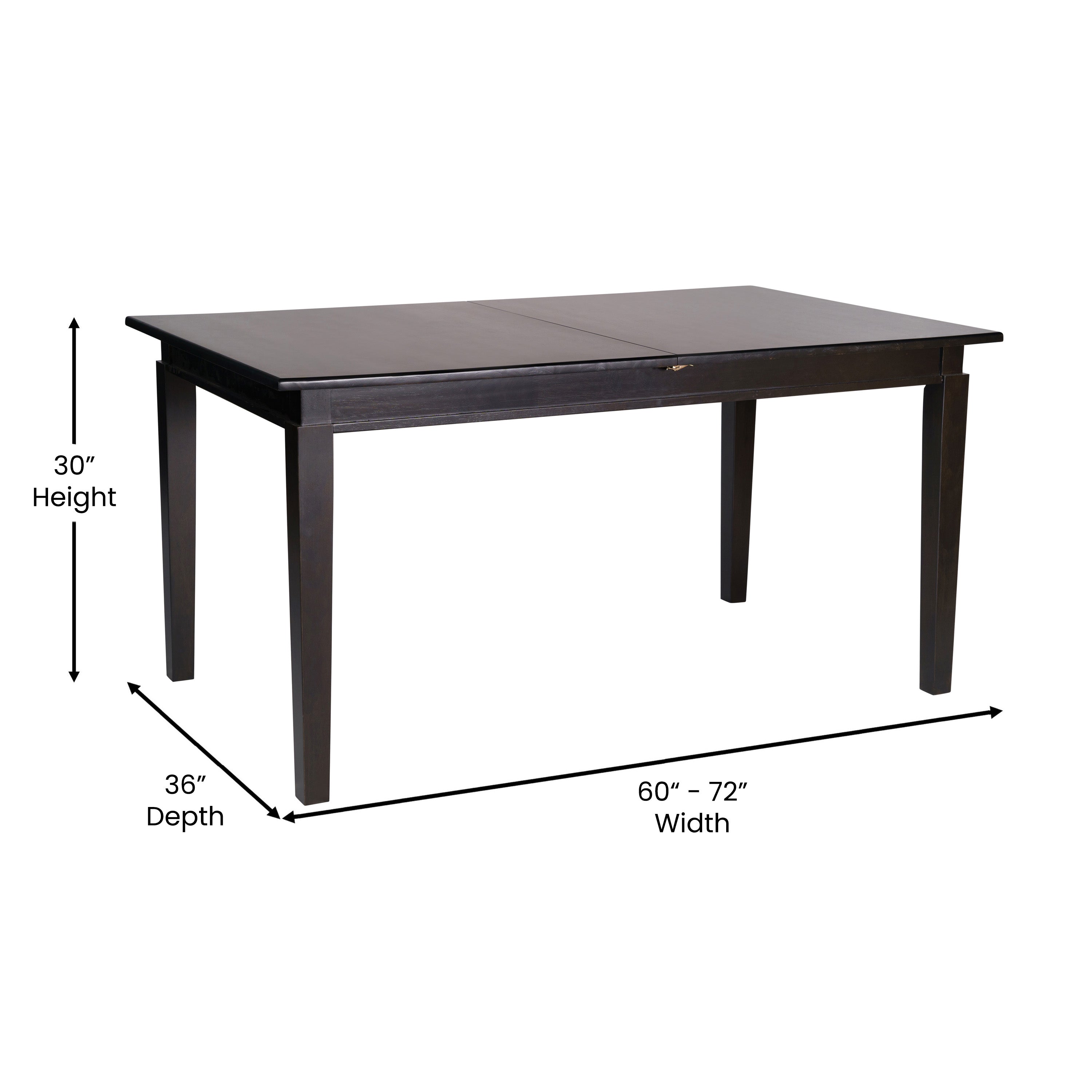 Henry 72" Commercial Grade Solid Wood Rectangular Dining Table with Hideaway 12 Inch Extension Panel and Seating for 6-8 Adults in Matte Black
