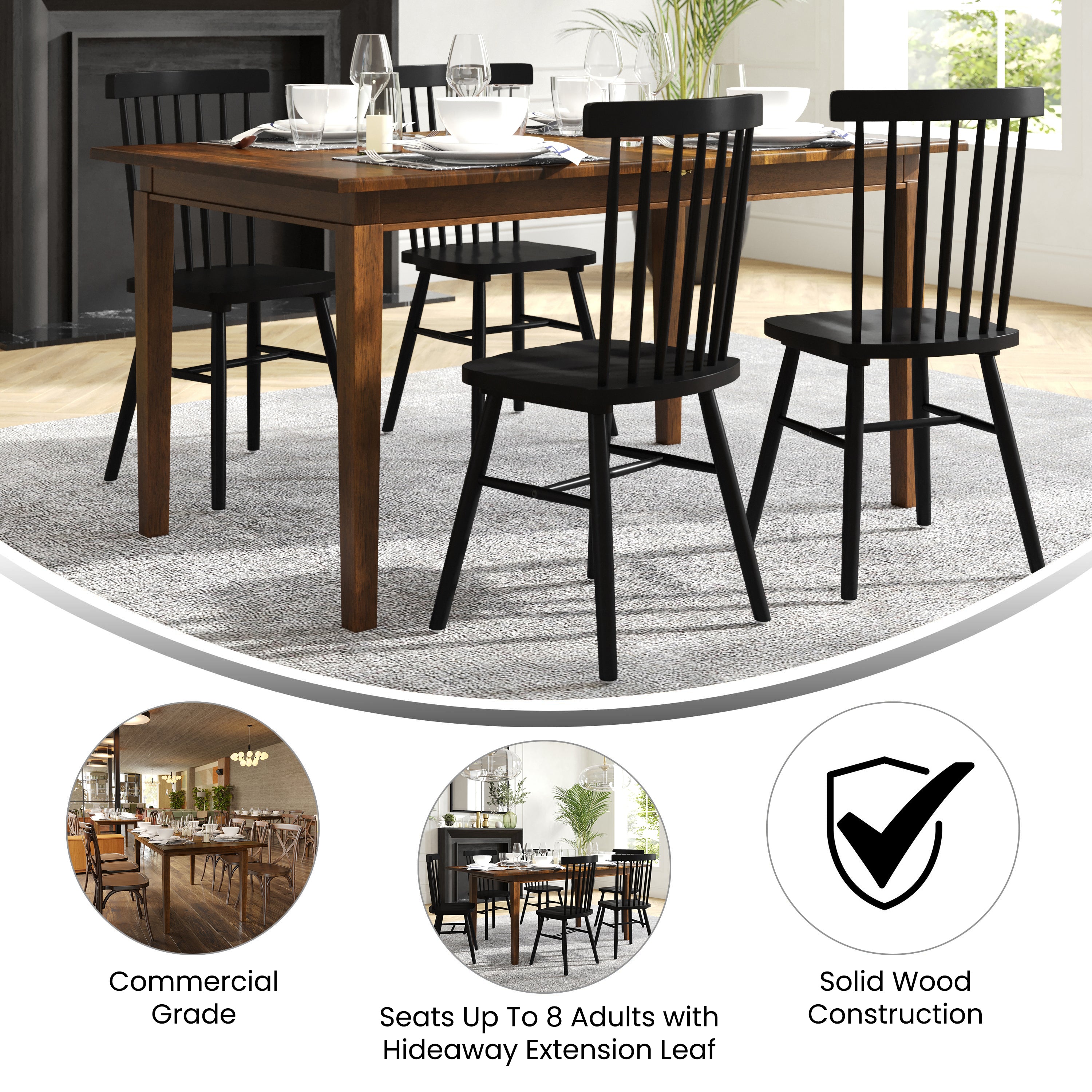 Henry 72" Commercial Grade Solid Wood Rectangular Dining Table with Hideaway 12 Inch Extension Panel and Seating for 6-8 Adults in Matte Brown