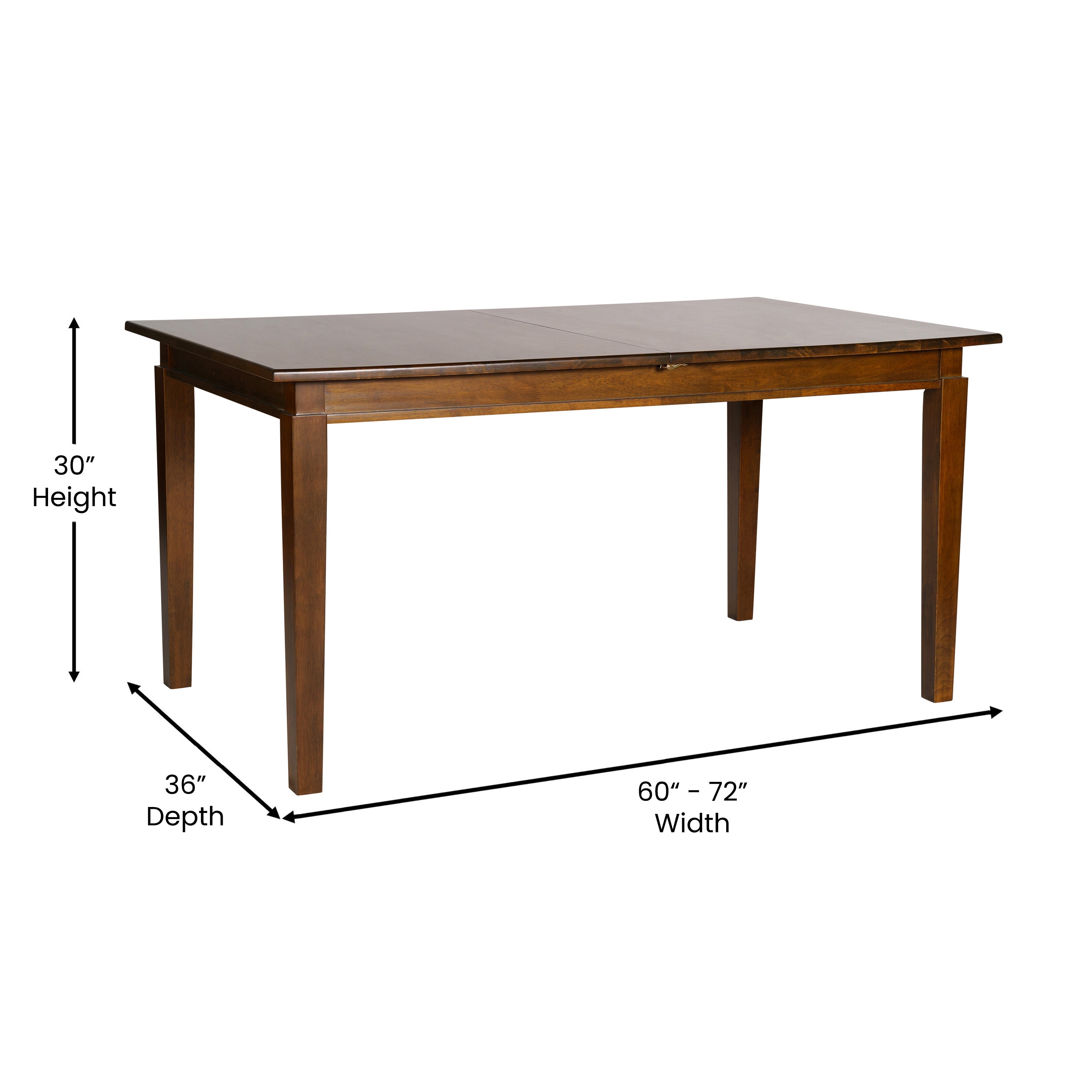 Henry 72" Commercial Grade Solid Wood Rectangular Dining Table with Hideaway 12 Inch Extension Panel and Seating for 6-8 Adults in Matte Brown