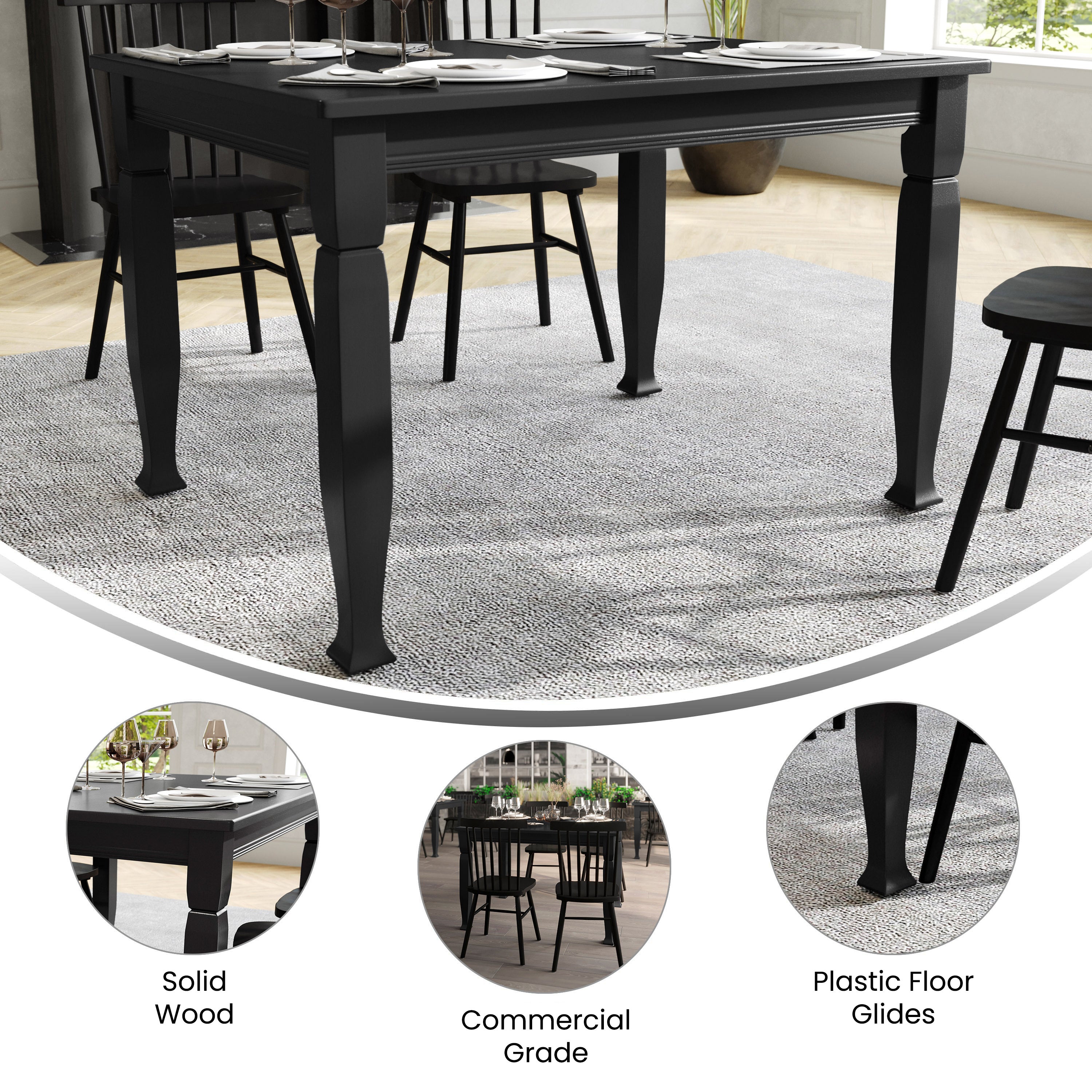 Grace 47" Solid Wood Dining Table with Turned Wooden Legs, Commercial Grade Heavy Duty Rectangle Wood Table for 4, Black Finish