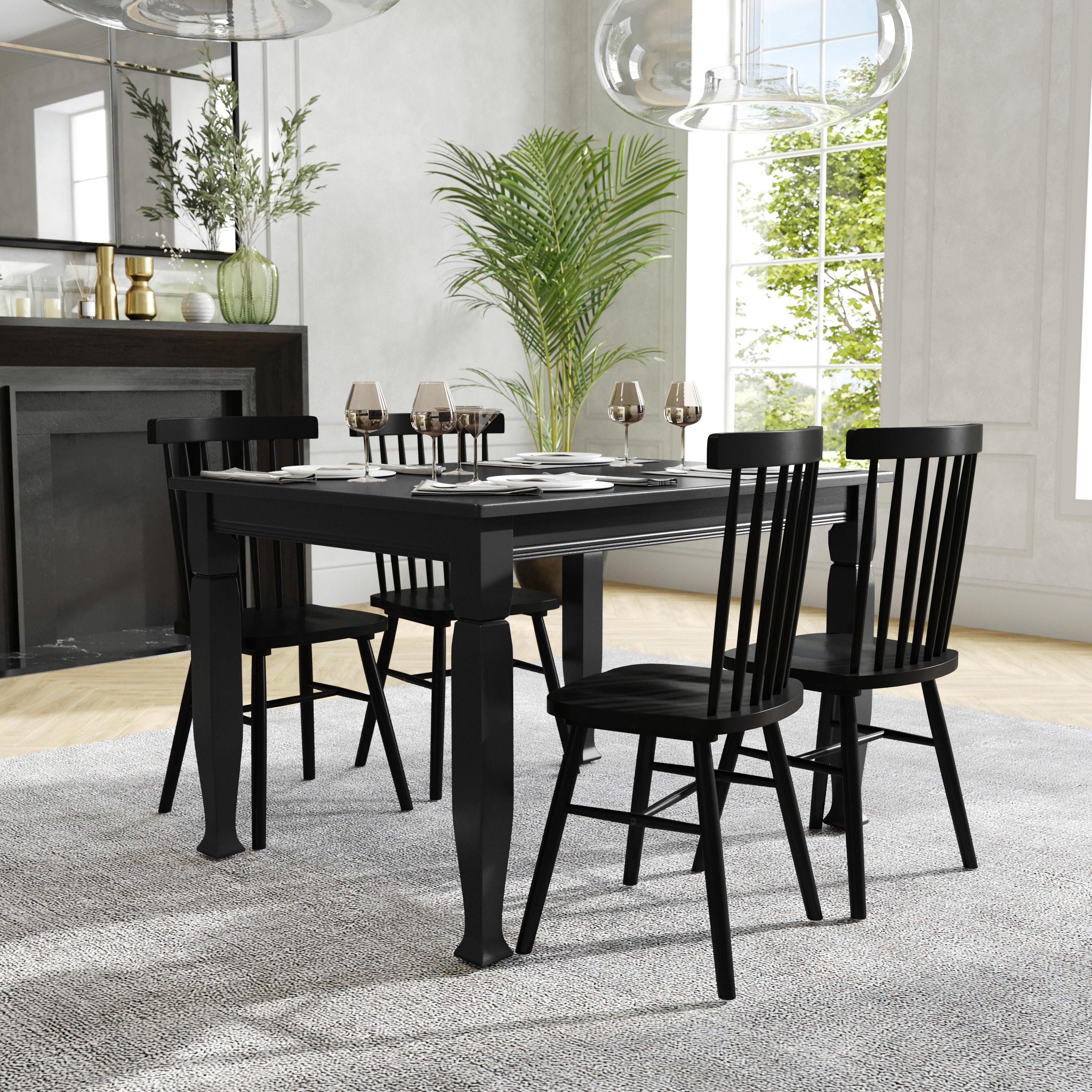 Grace 47" Solid Wood Dining Table with Turned Wooden Legs, Commercial Grade Heavy Duty Rectangle Wood Table for 4, Black Finish