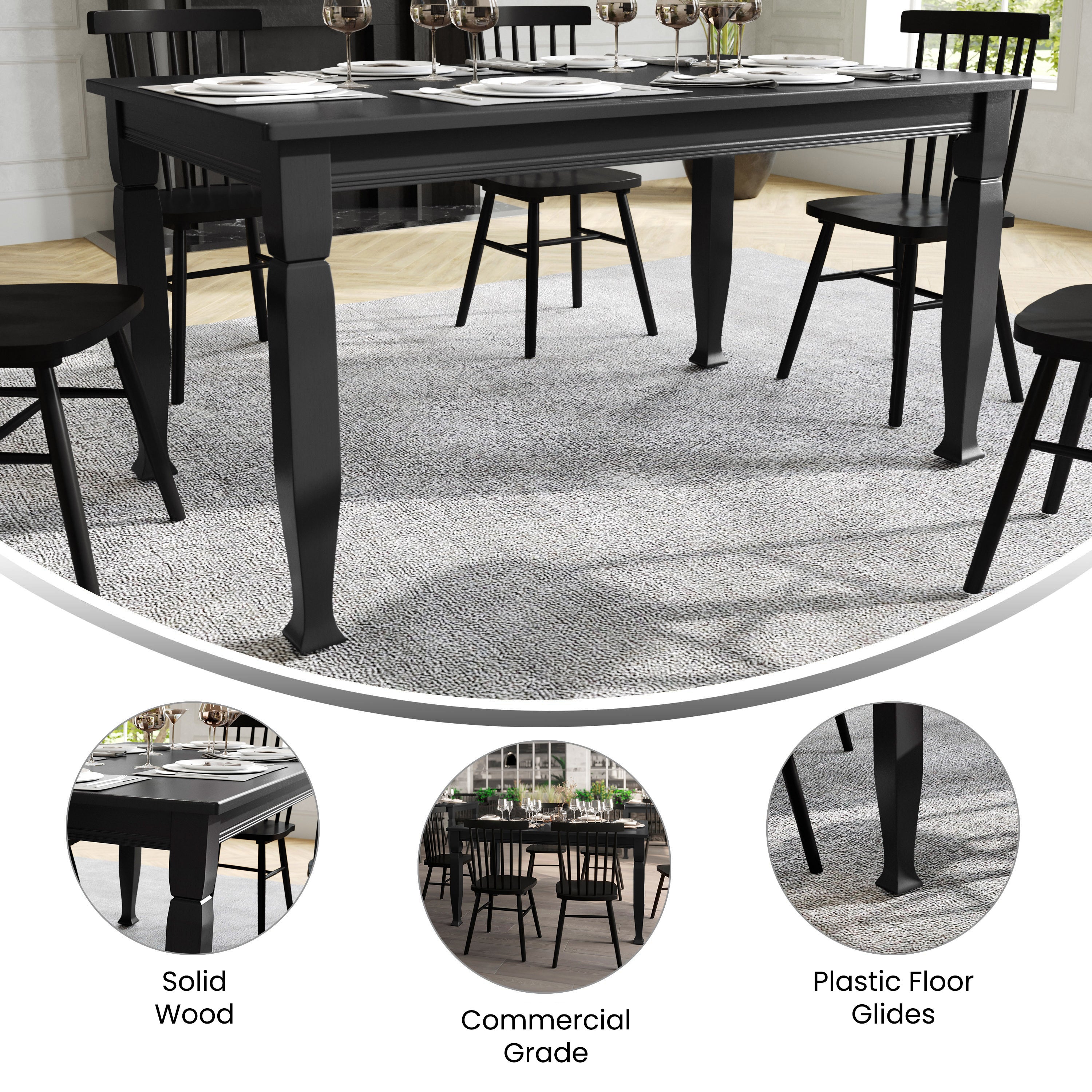 Grace 60" Solid Wood Dining Table with Turned Wooden Legs, Commercial Grade Heavy Duty Rectangle Wood Table for 6, Black Finish