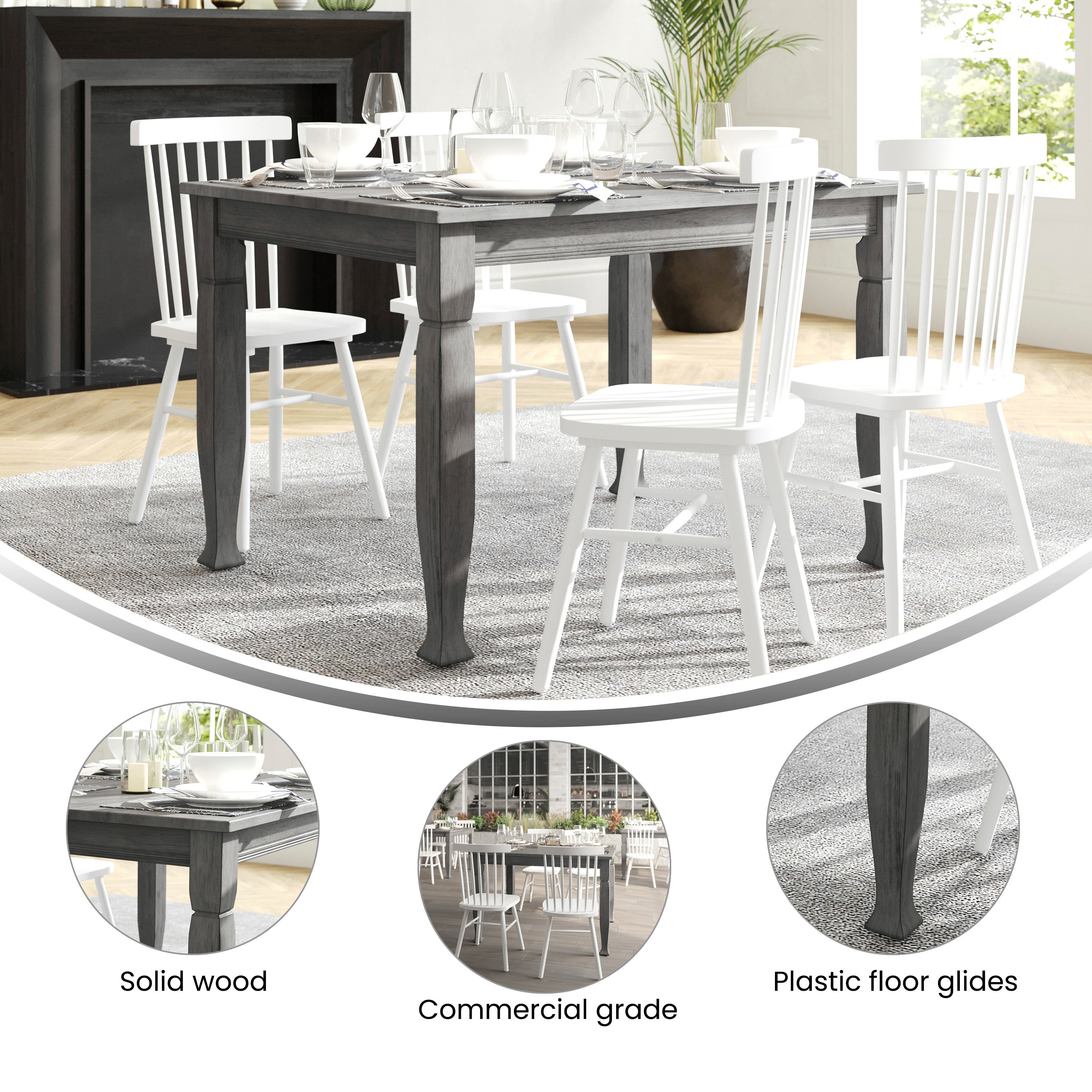 Grace 47" Solid Wood Dining Table with Turned Wooden Legs, Commercial Grade Heavy Duty Rectangle Wood Table for 4, Antique Gray Finish