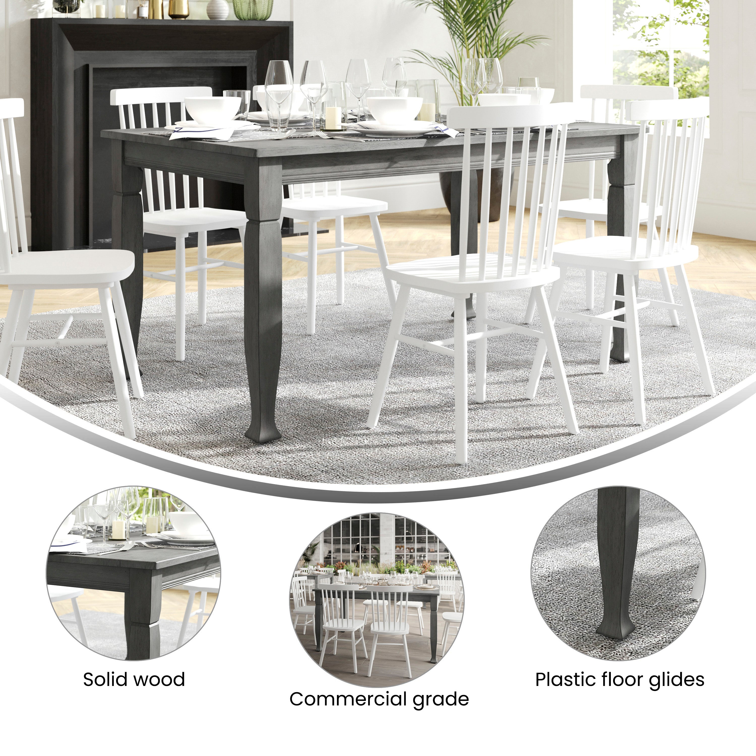 Grace 60" Solid Wood Dining Table with Turned Wooden Legs, Commercial Grade Heavy Duty Rectangle Wood Table for 6, Antique Gray Finish