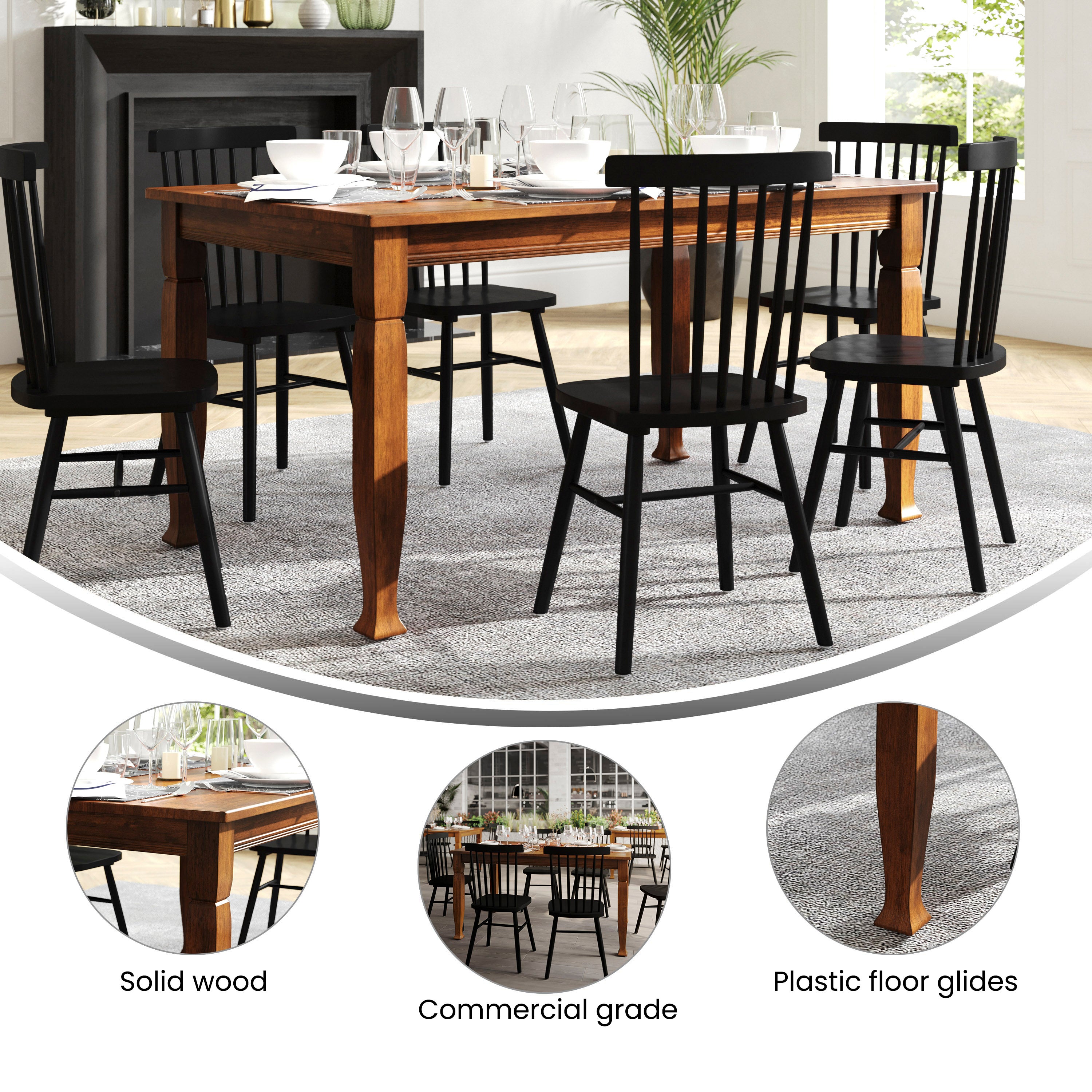 Grace 60" Solid Wood Dining Table with Turned Wooden Legs, Commercial Grade Heavy Duty Rectangle Wood Table for 6, Walnut Matte Finish
