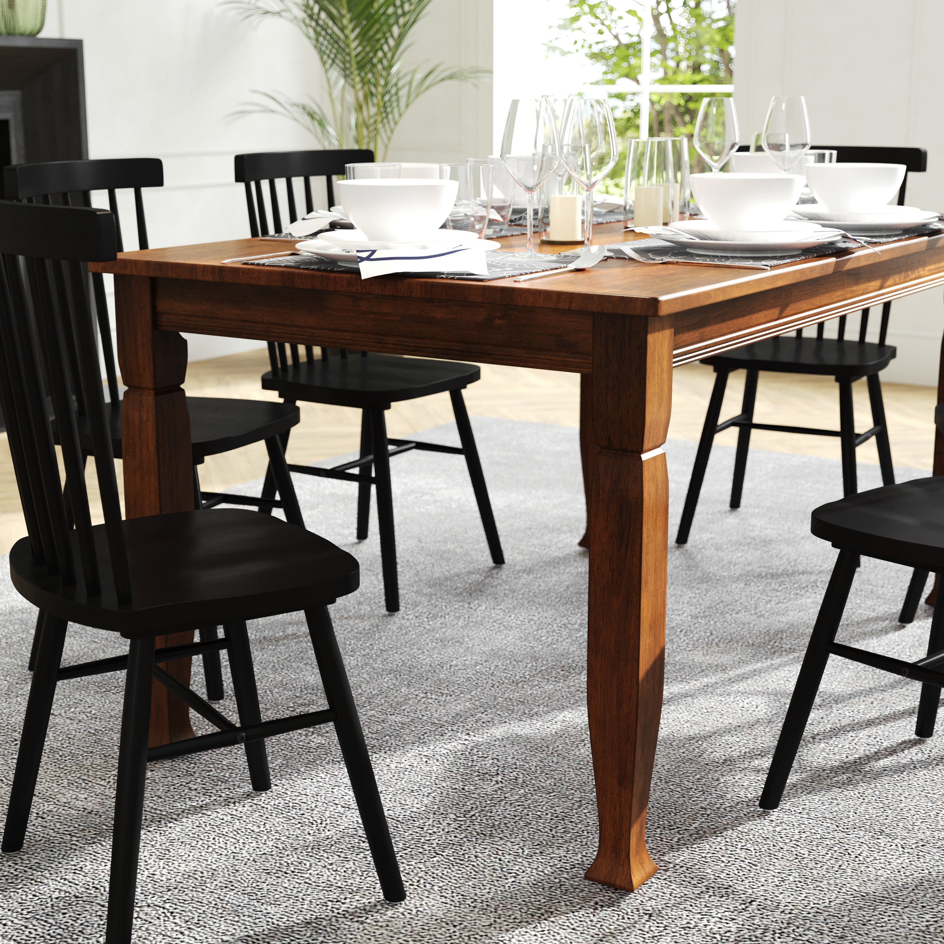 Grace 60" Solid Wood Dining Table with Turned Wooden Legs, Commercial Grade Heavy Duty Rectangle Wood Table for 6, Walnut Matte Finish