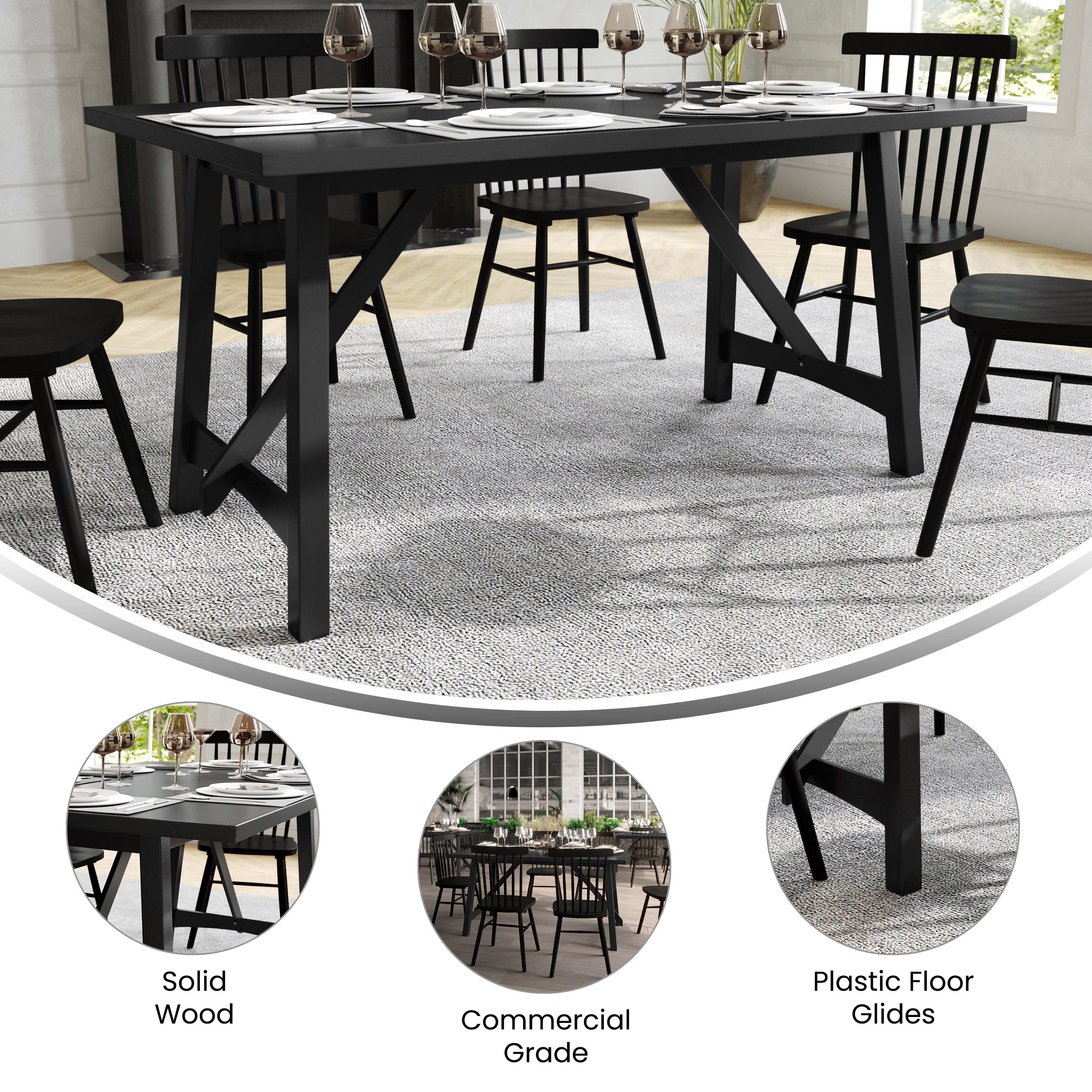 Everly 60" Solid Wood Trestle Base Dining Table, Farmhouse Style Commercial Grade Table with Seating for 6, Black Finish