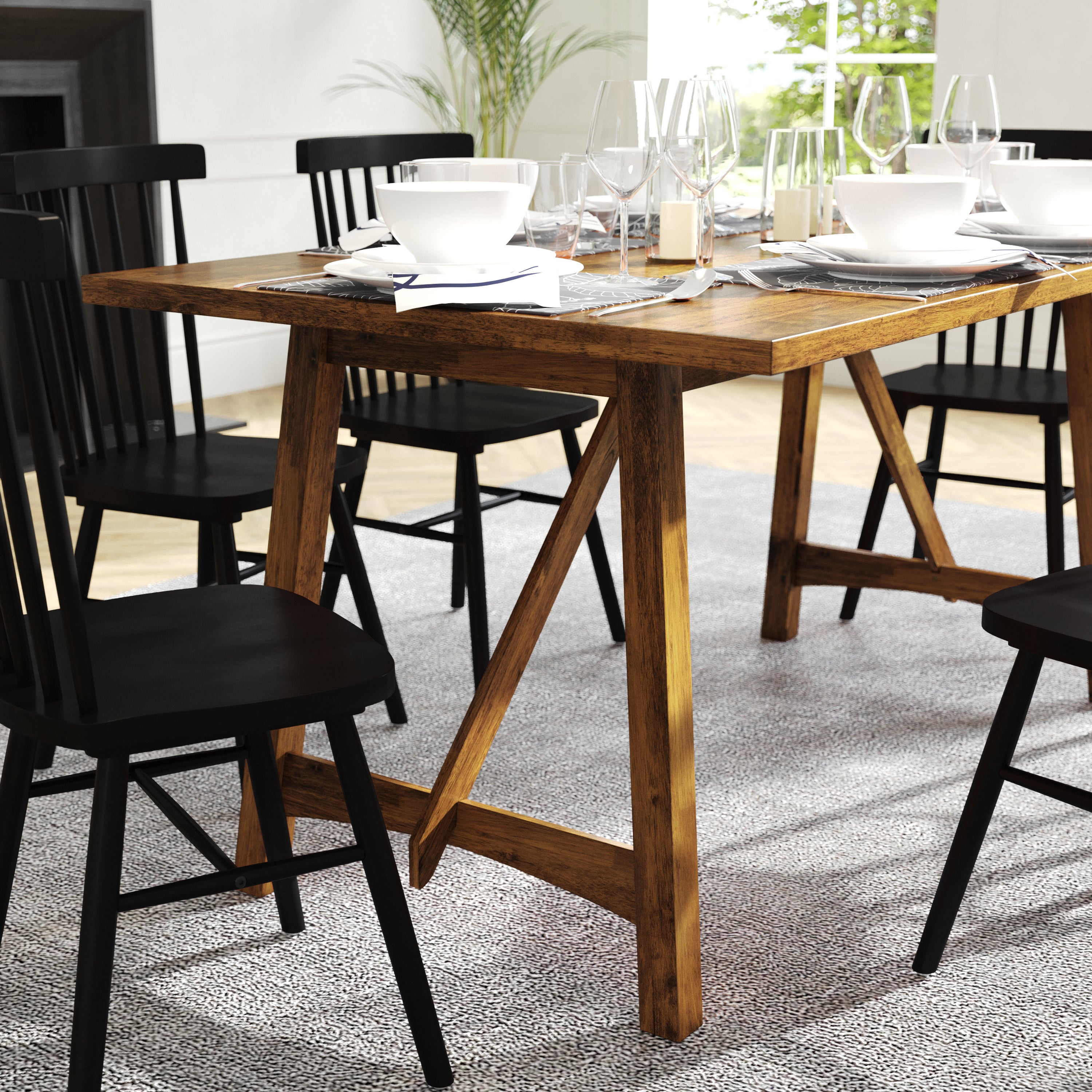 Everly 60" Solid Wood Trestle Base Dining Table, Farmhouse Style Commercial Grade Table with Seating for 6, Light Cappuccino Finish