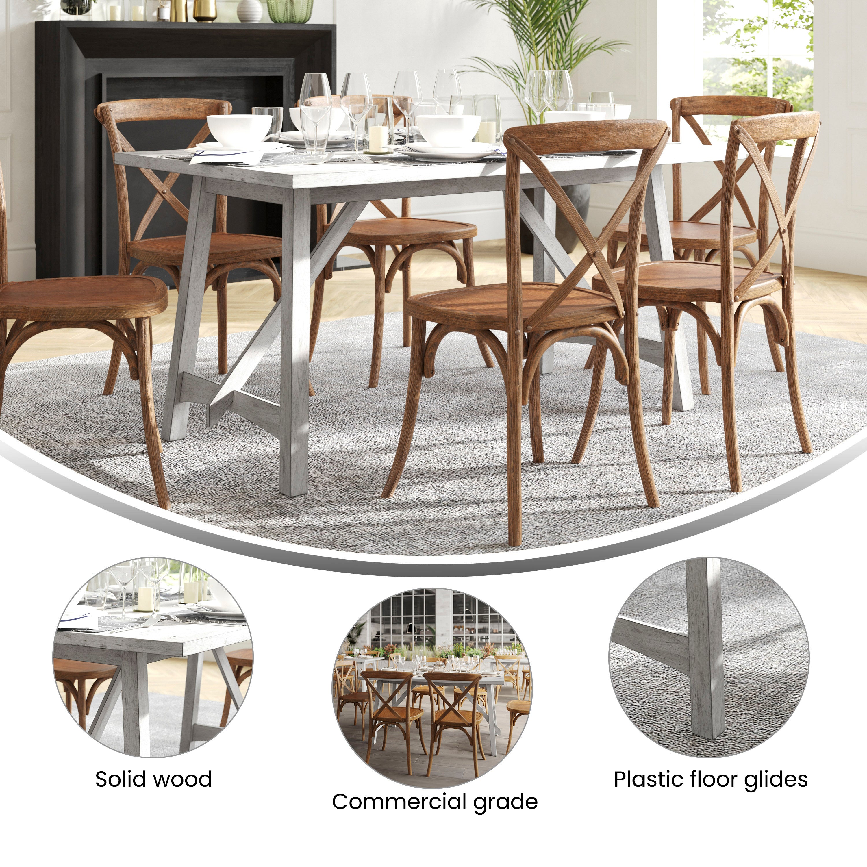 Everly 60" Solid Wood Trestle Base Dining Table, Farmhouse Style Commercial Grade Table with Seating for 6, Antique White Finish