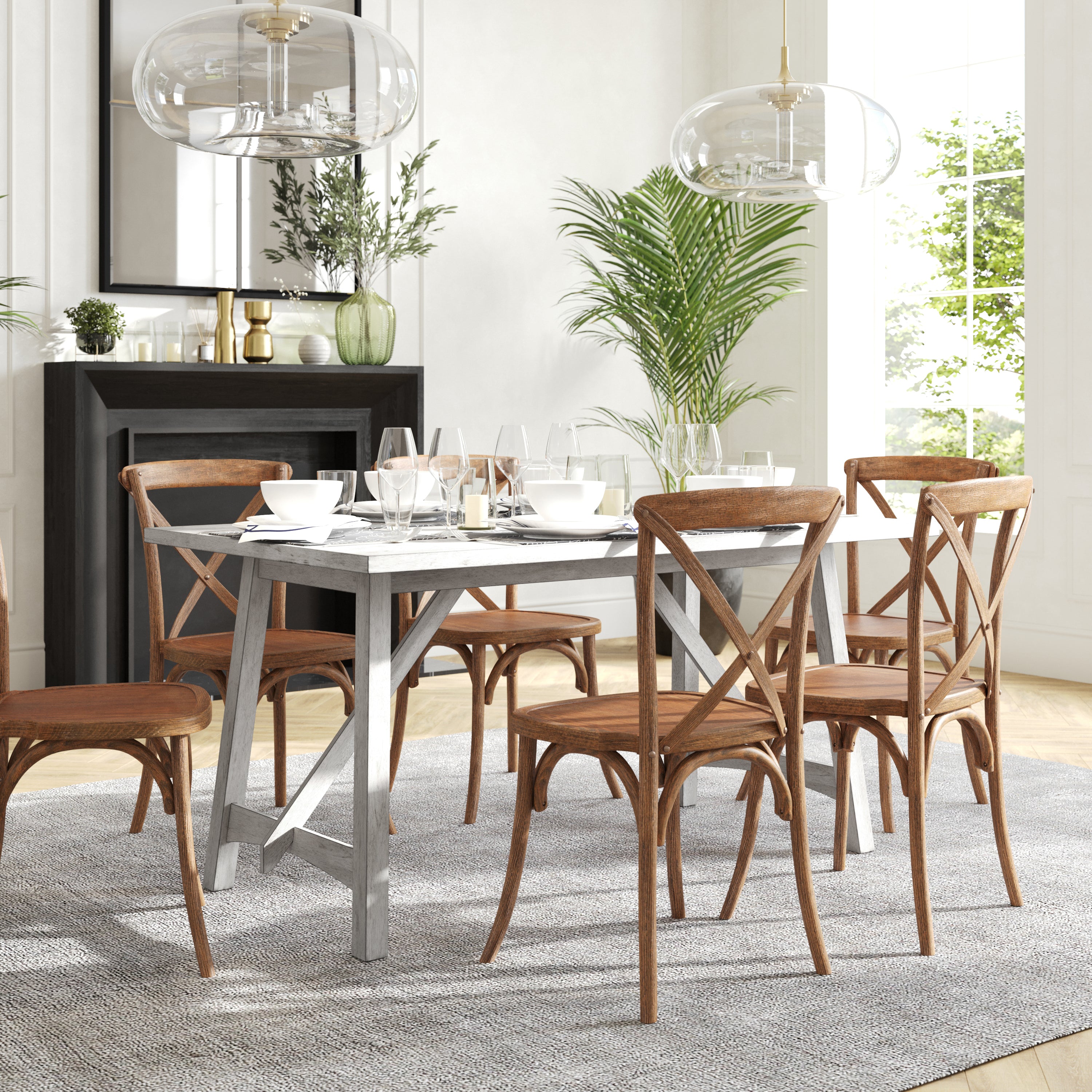 Everly 60" Solid Wood Trestle Base Dining Table, Farmhouse Style Commercial Grade Table with Seating for 6, Antique White Finish