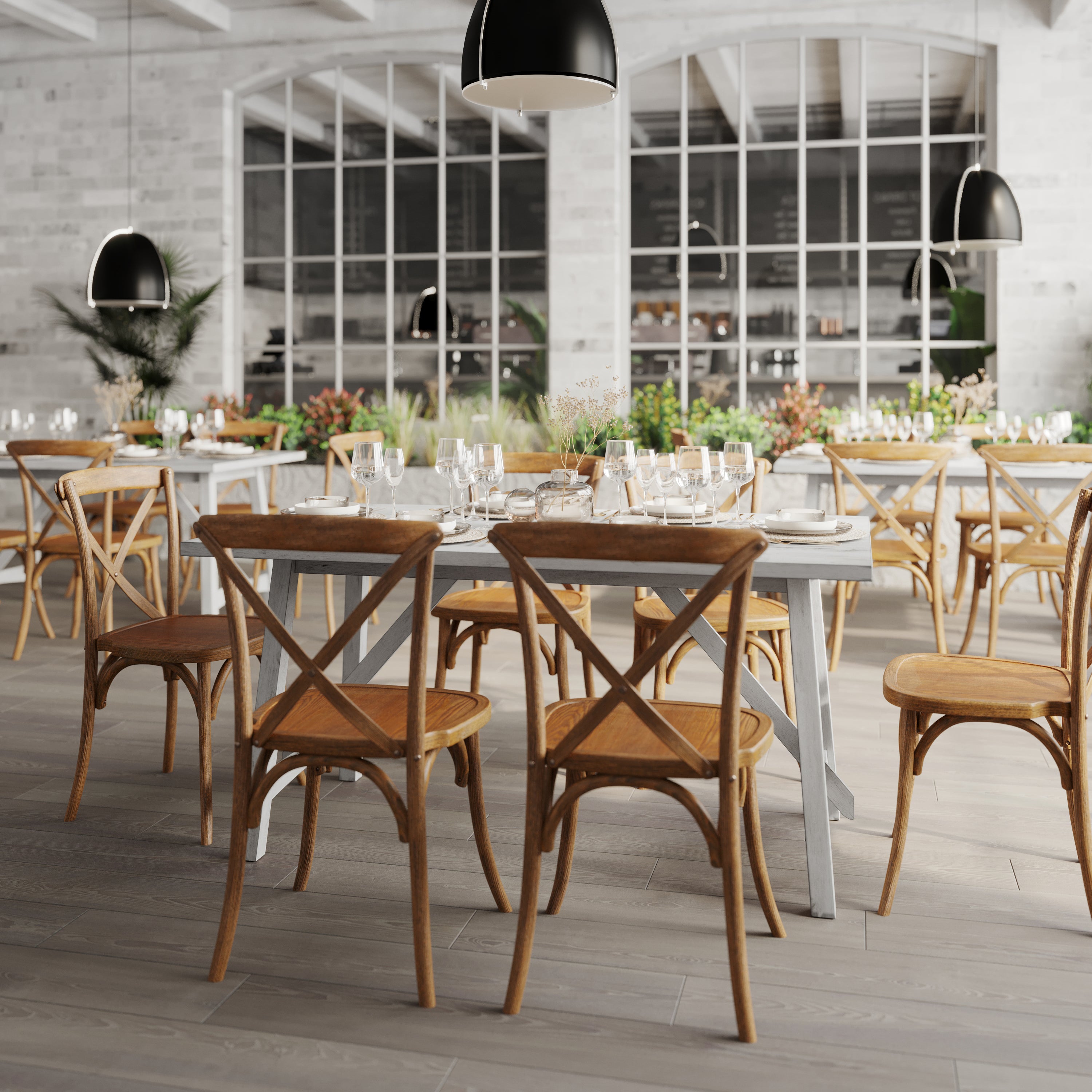 Everly 60" Solid Wood Trestle Base Dining Table, Farmhouse Style Commercial Grade Table with Seating for 6, Antique White Finish