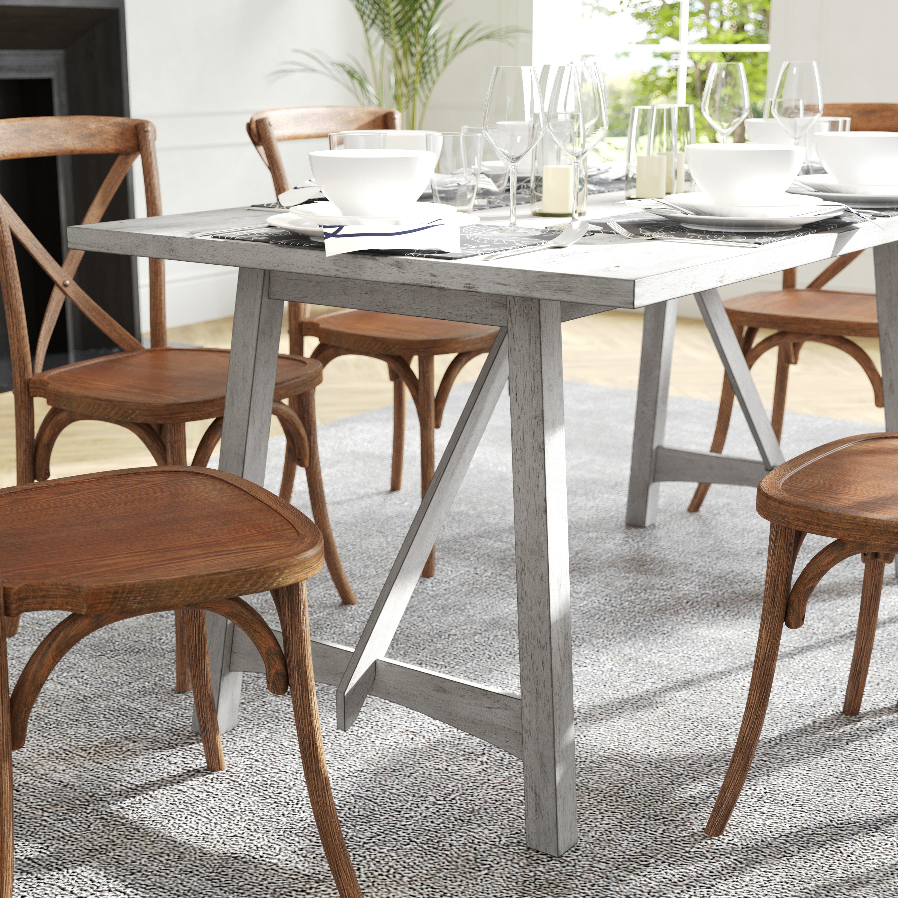 Everly 60" Solid Wood Trestle Base Dining Table, Farmhouse Style Commercial Grade Table with Seating for 6, Antique White Finish