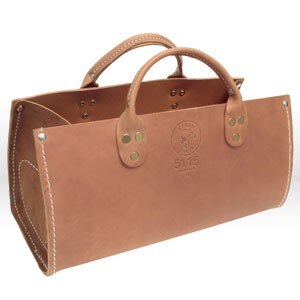 Tool Bag, Tool Bag, Leather Tote, 15 INCH WIDTH; 6-1/2 INCH THICKNESS; 7 INCH HEIGHT; LEATHER MATERIAL; KLEIN TOOLS[R] BRAND; ITEMS/FEATURES DOUBLE PLY BOTTOM PROTECTED WITH STEEL STUDS, STITCHED AND RIVETED CONSTRUCTION, Packaging Qty- sold 1 each