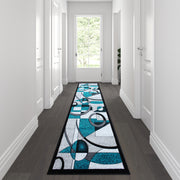 Elias Collection 3' x 10' Turquoise Geometric Abstract Area Rug - Olefin Rug with Jute Backing - Hallway, Entryway, or Bedroom