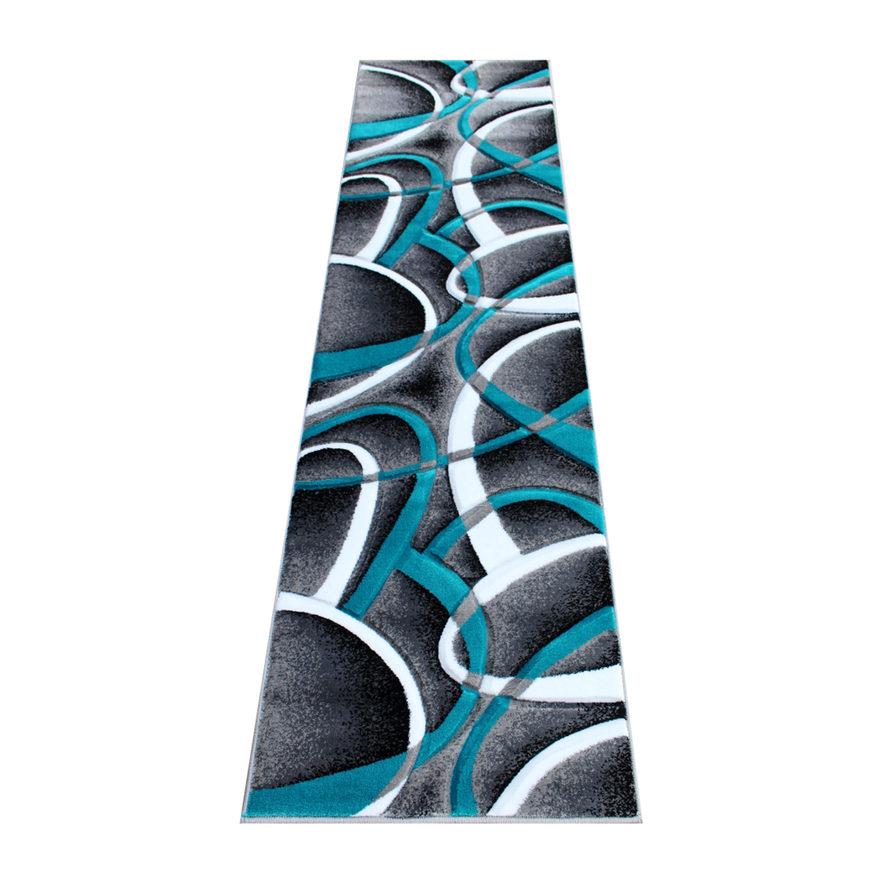 Atlan Collection 2' x 7' Turquoise Abstract Area Rug - Olefin Rug with Jute Backing - Entryway, Living Room or Bedroom