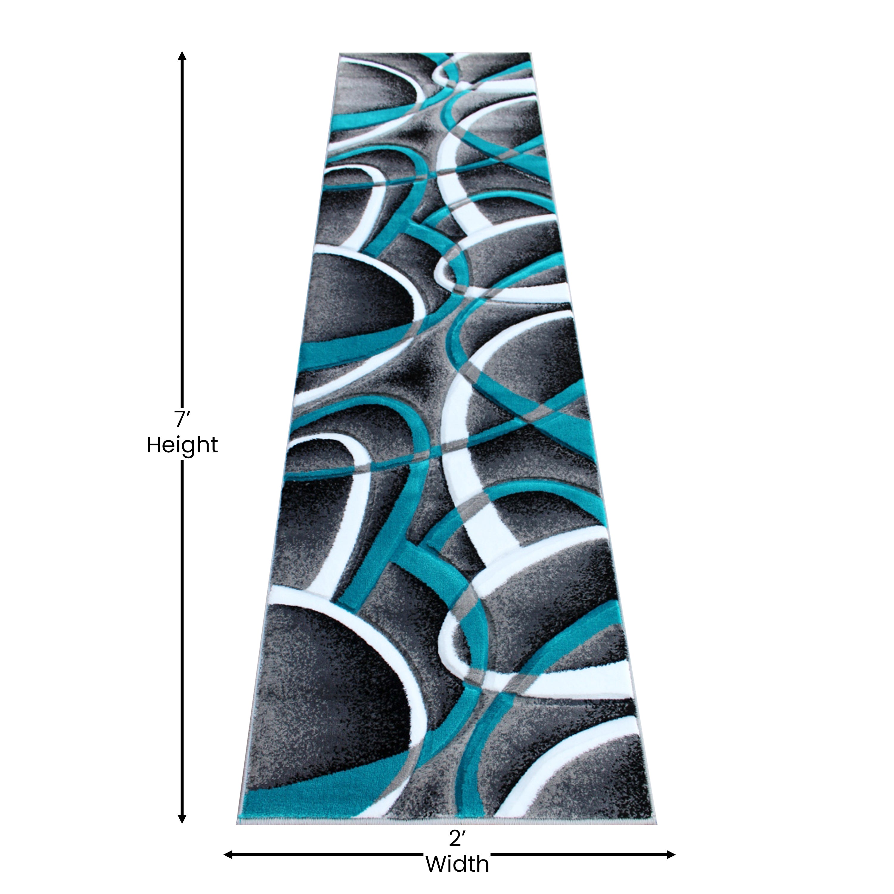 Atlan Collection 2' x 7' Turquoise Abstract Area Rug - Olefin Rug with Jute Backing - Entryway, Living Room or Bedroom