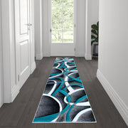 Atlan Collection 2' x 7' Turquoise Abstract Area Rug - Olefin Rug with Jute Backing - Entryway, Living Room or Bedroom
