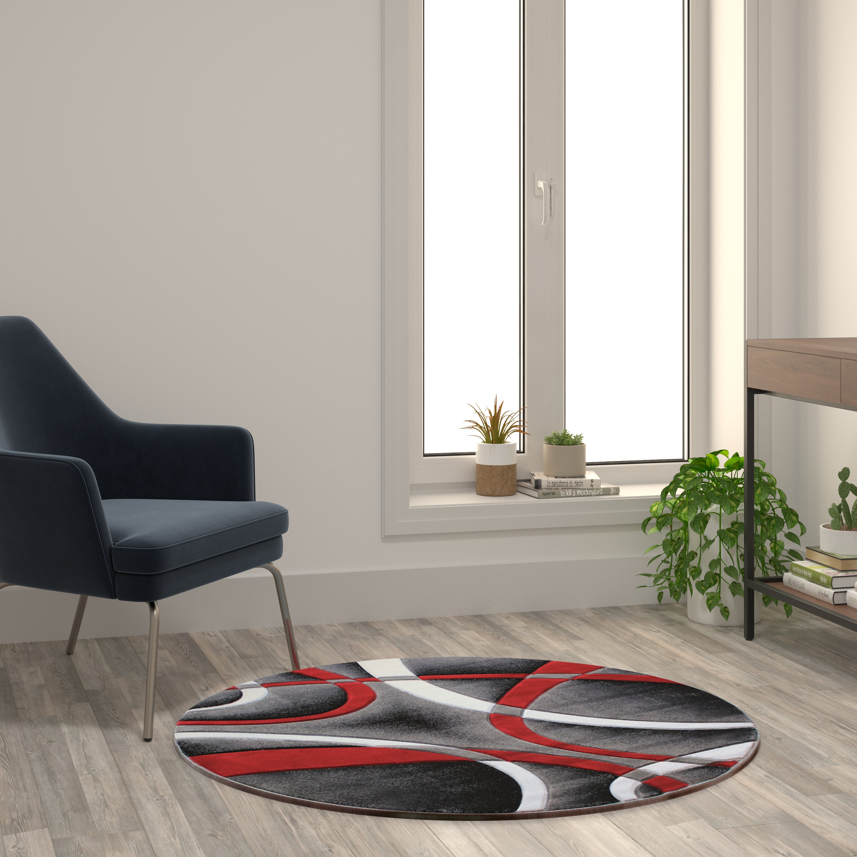 Atlan Collection 4' x 4' Red Round Abstract Area Rug - Olefin Rug with Jute Backing - Entryway, Living Room or Bedroom