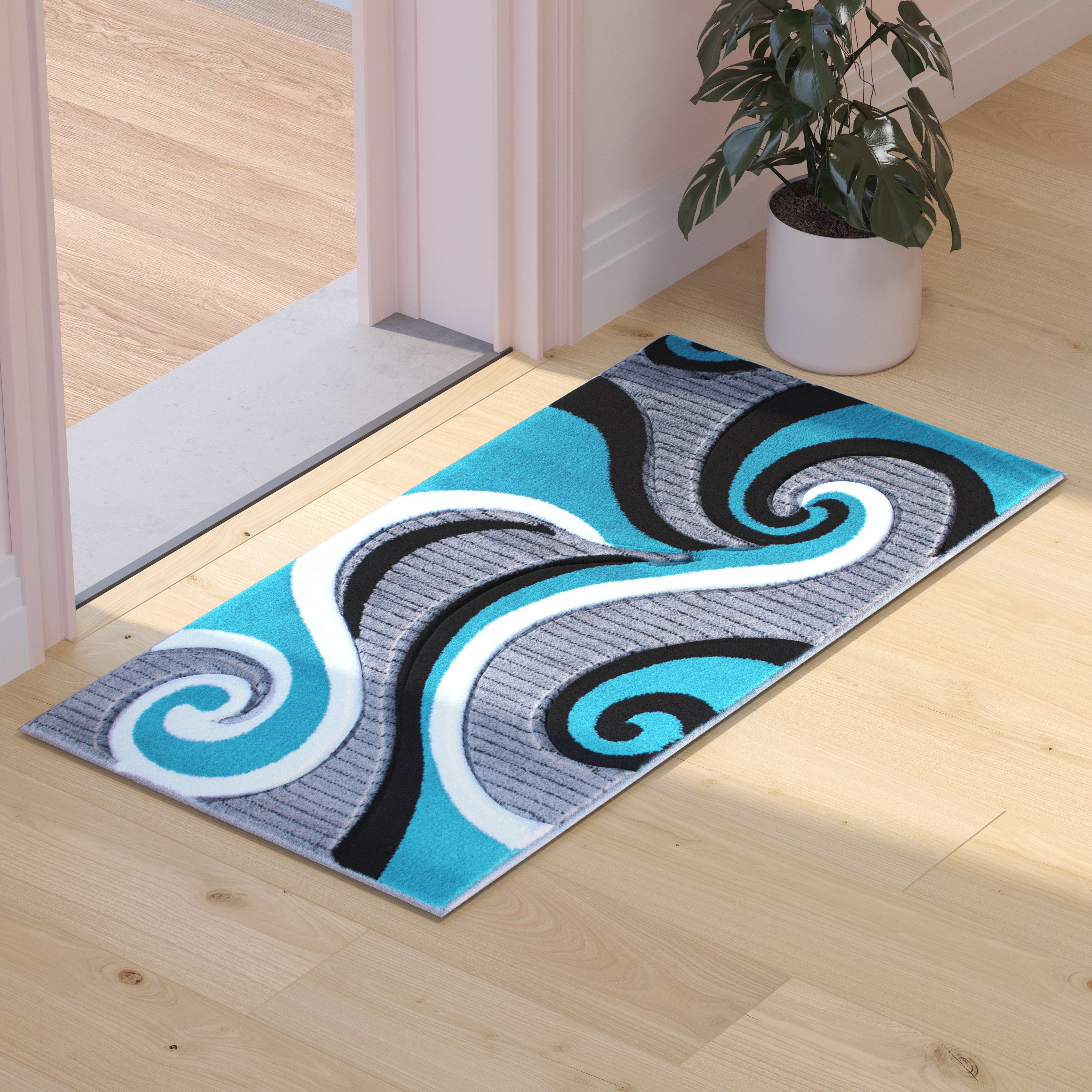 Athos Collection 2' x 3' Turquoise Abstract Area Rug - Olefin Rug with Jute Backing - Hallway, Entryway, or Bedroom