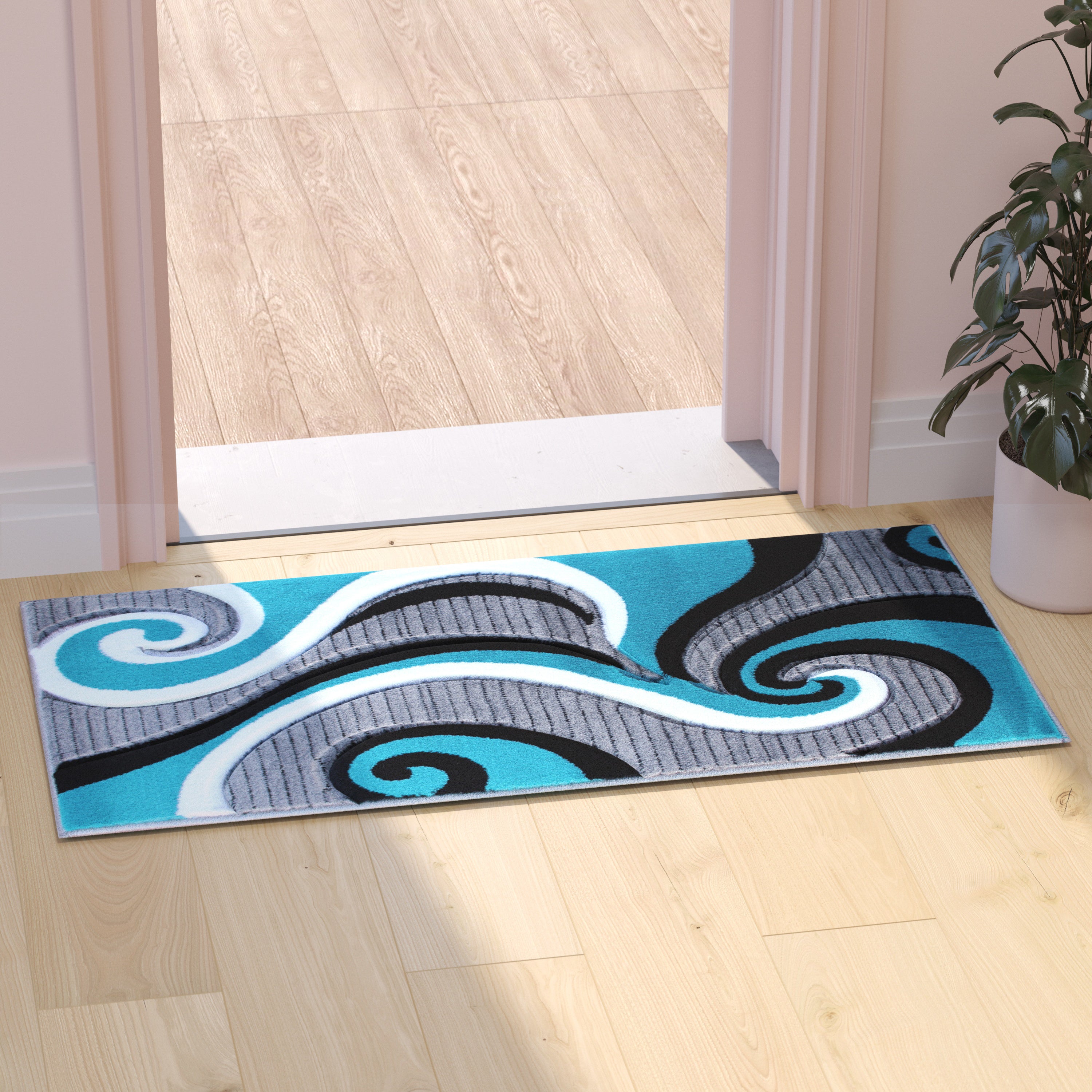 Athos Collection 2' x 3' Turquoise Abstract Area Rug - Olefin Rug with Jute Backing - Hallway, Entryway, or Bedroom