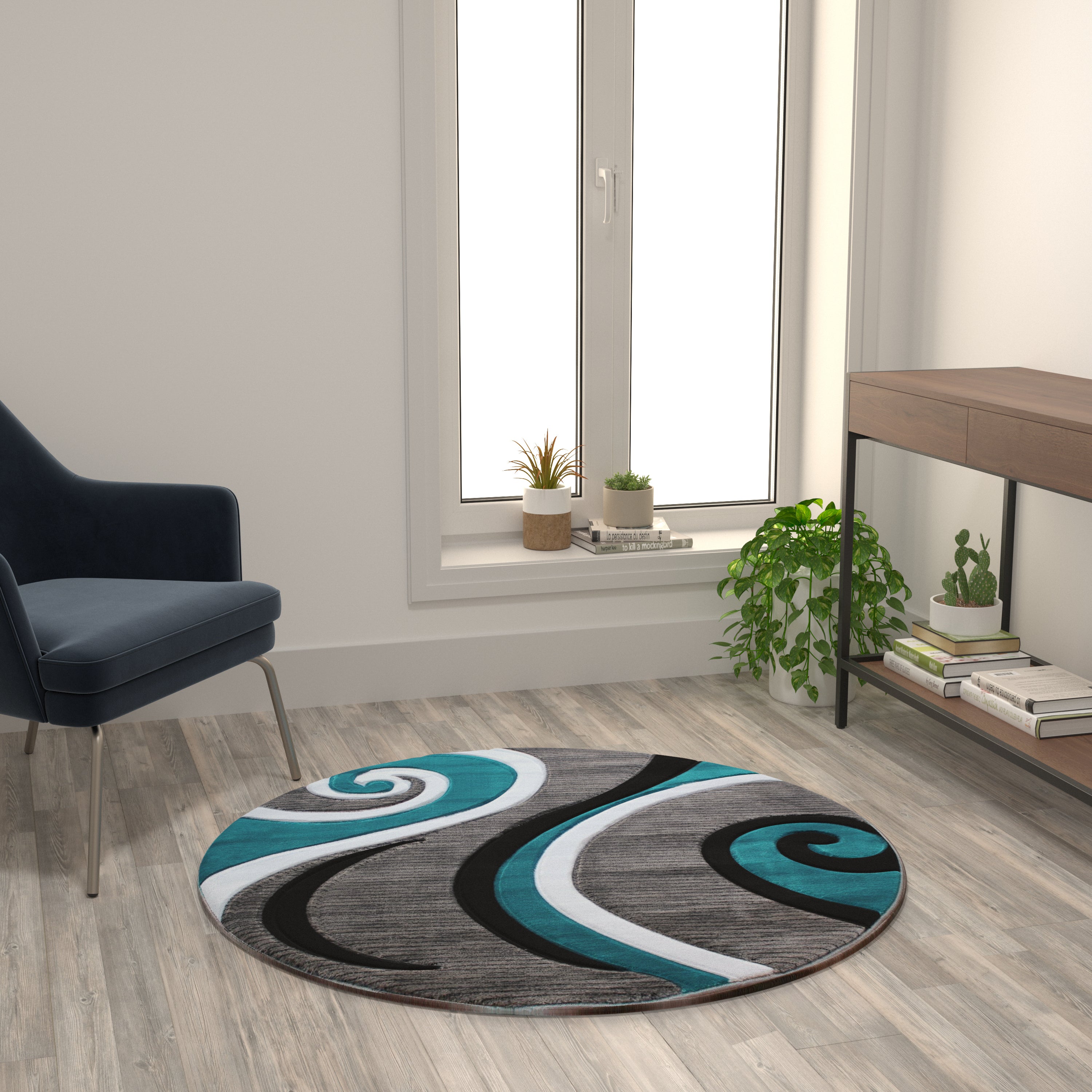 Athos Collection 4' x 4' Turquoise Abstract Area Rug - Olefin Rug with Jute Backing - Hallway, Entryway, or Bedroom