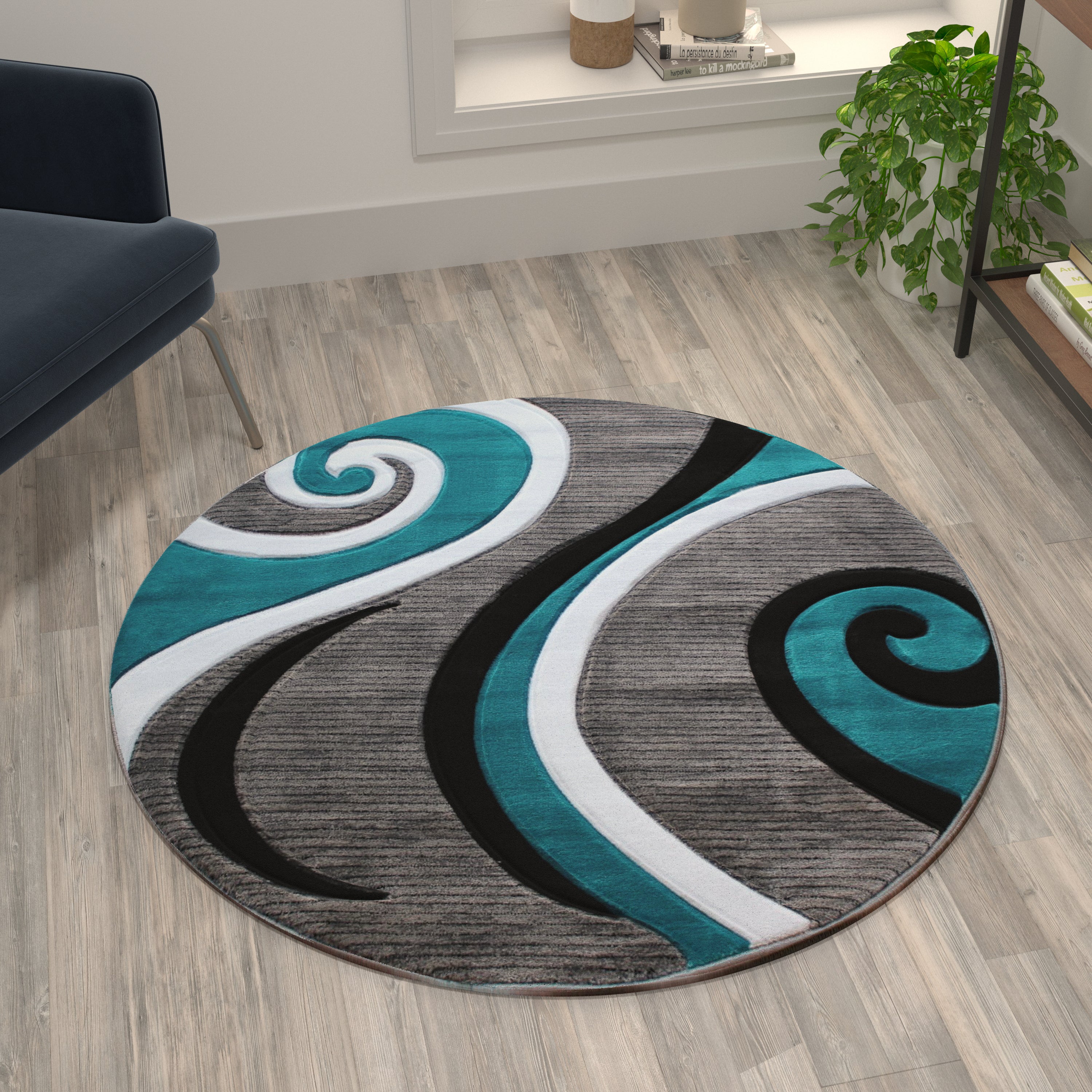 Athos Collection 4' x 4' Turquoise Abstract Area Rug - Olefin Rug with Jute Backing - Hallway, Entryway, or Bedroom