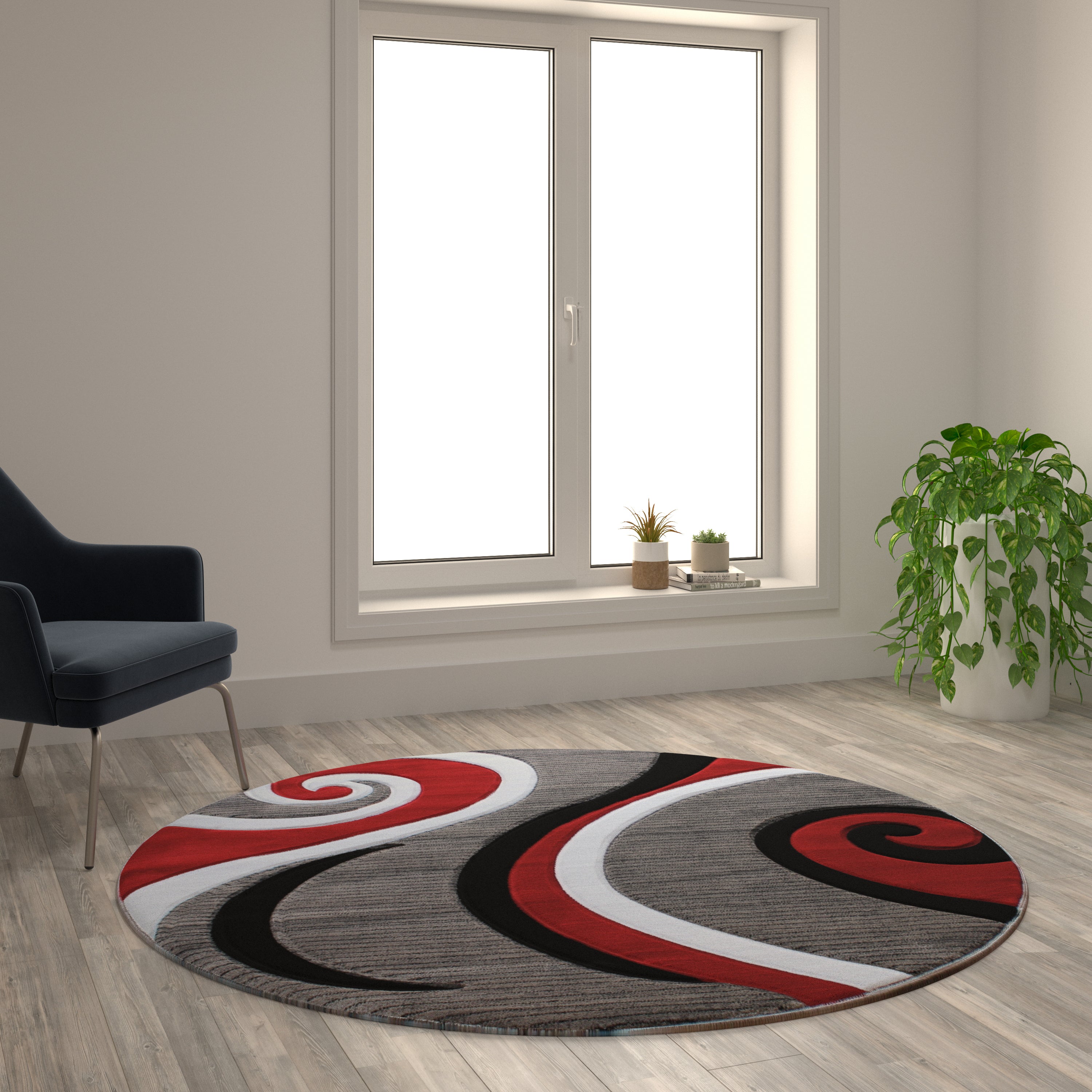 Athos Collection 5' x 5' Red Abstract Area Rug - Olefin Rug with Jute Backing - Hallway, Entryway, or Bedroom