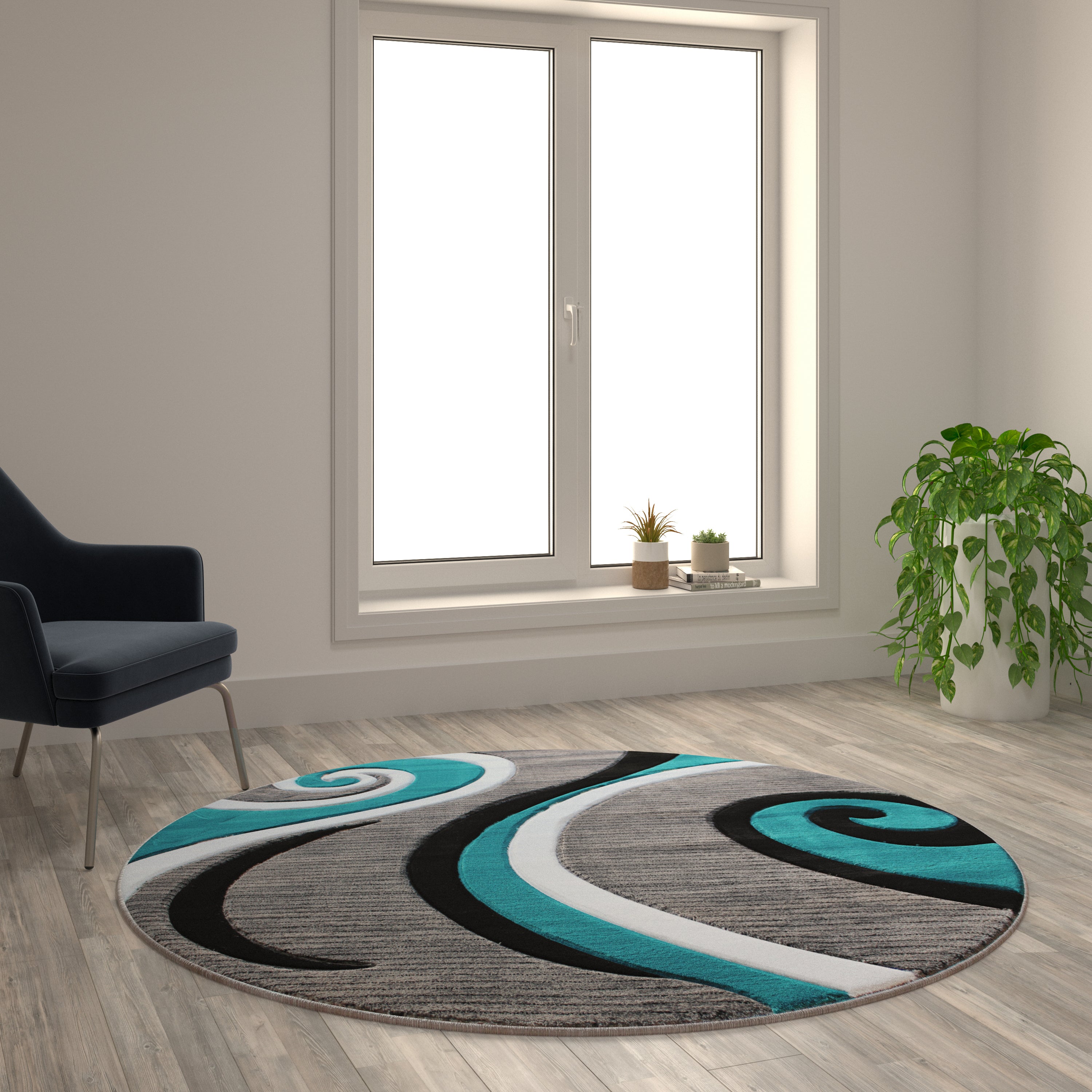 Athos Collection 5' x 5' Turquoise Abstract Area Rug - Olefin Rug with Jute Backing - Hallway, Entryway, or Bedroom