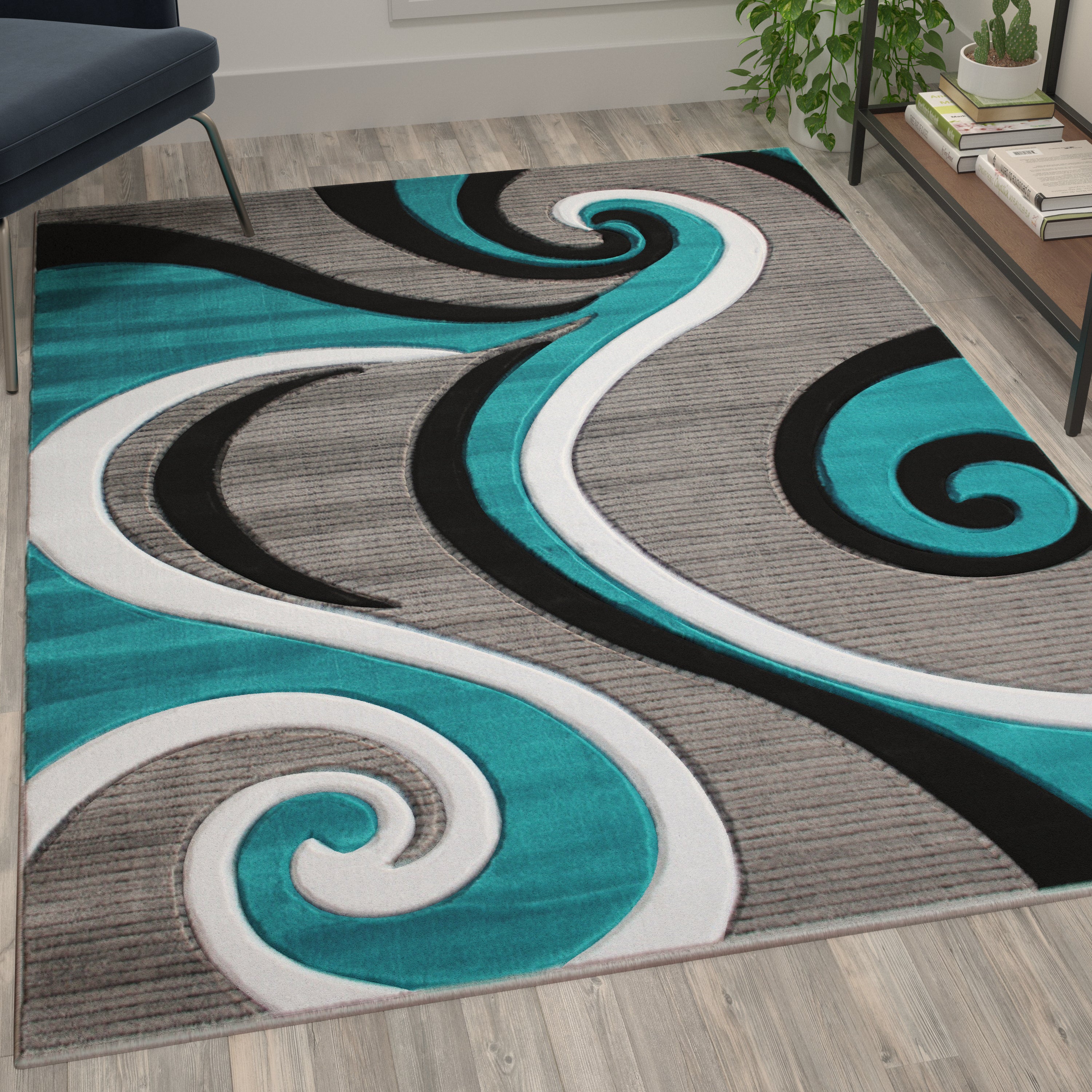 Athos Collection 5' x 7' Turquoise Abstract Area Rug - Olefin Rug with Jute Backing - Hallway, Entryway, or Bedroom