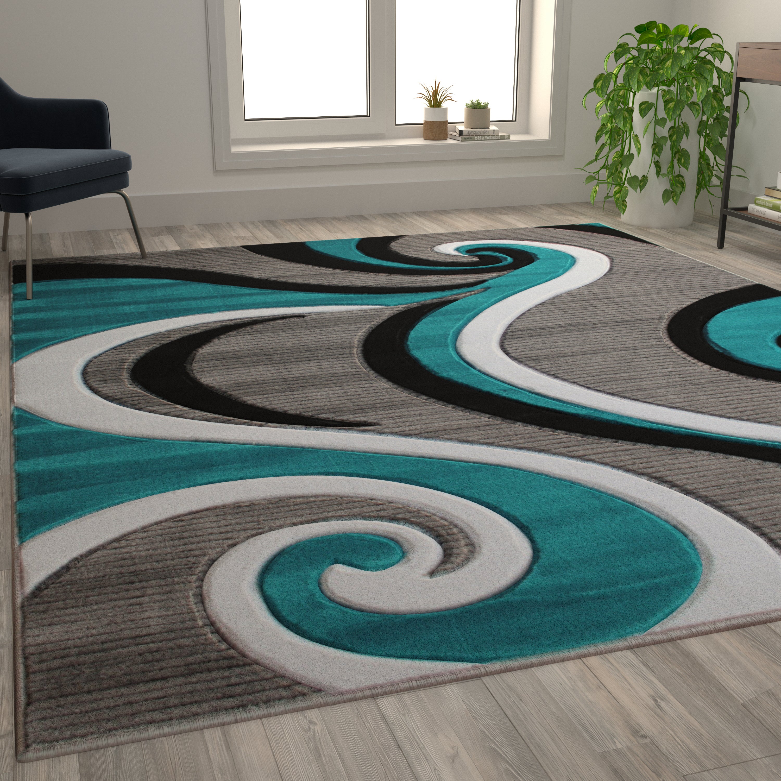 Athos Collection 8' x 10' Turquoise Abstract Area Rug - Olefin Rug with Jute Backing - Hallway, Entryway, or Bedroom