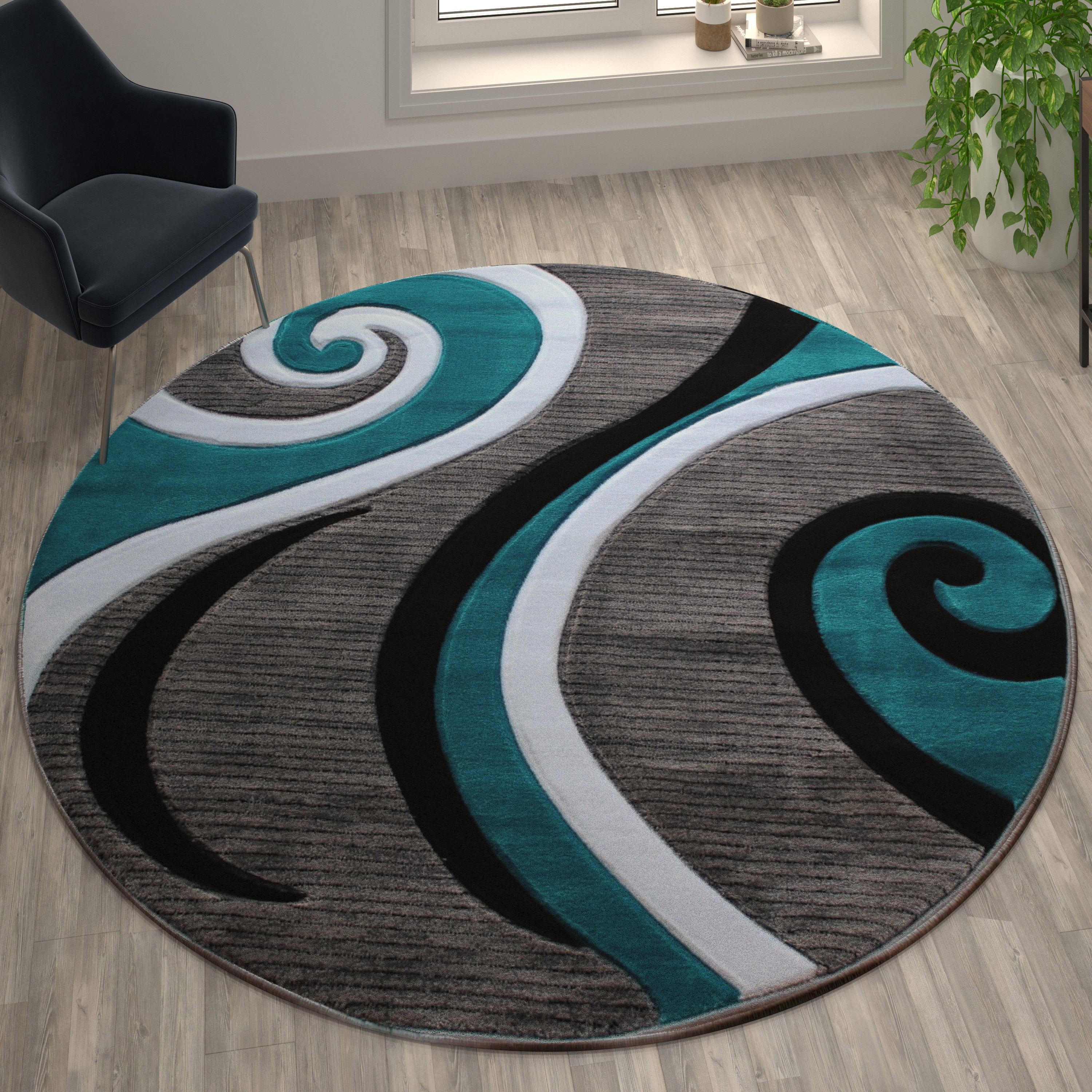 Athos Collection 8' x 8' Turquoise Abstract Area Rug - Olefin Rug with Jute Backing - Hallway, Entryway, or Bedroom