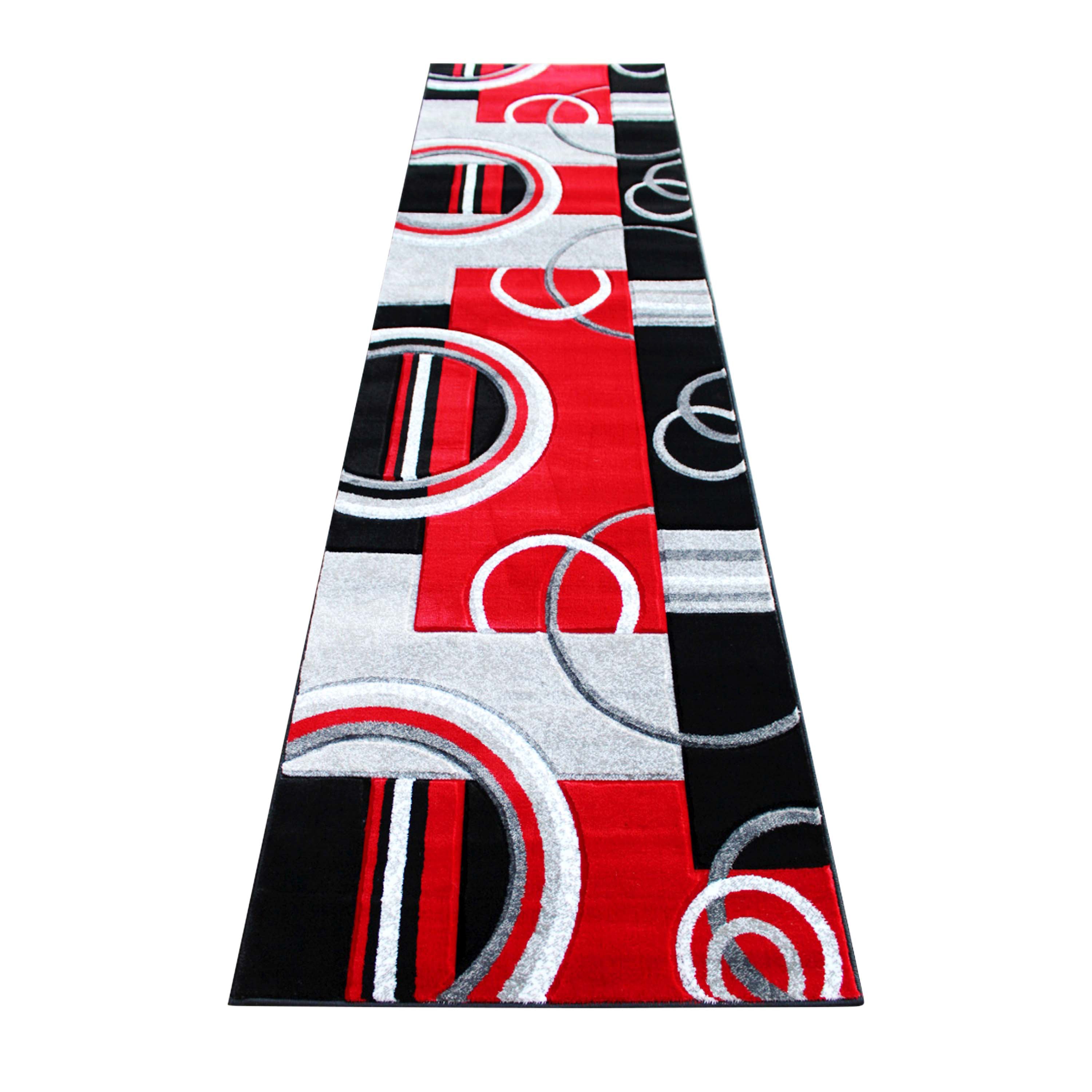 Audra Collection 3' x 10' Red Abstract Area Rug - Olefin Rug with Jute Backing - Entryway, Living Room, or Bedroom