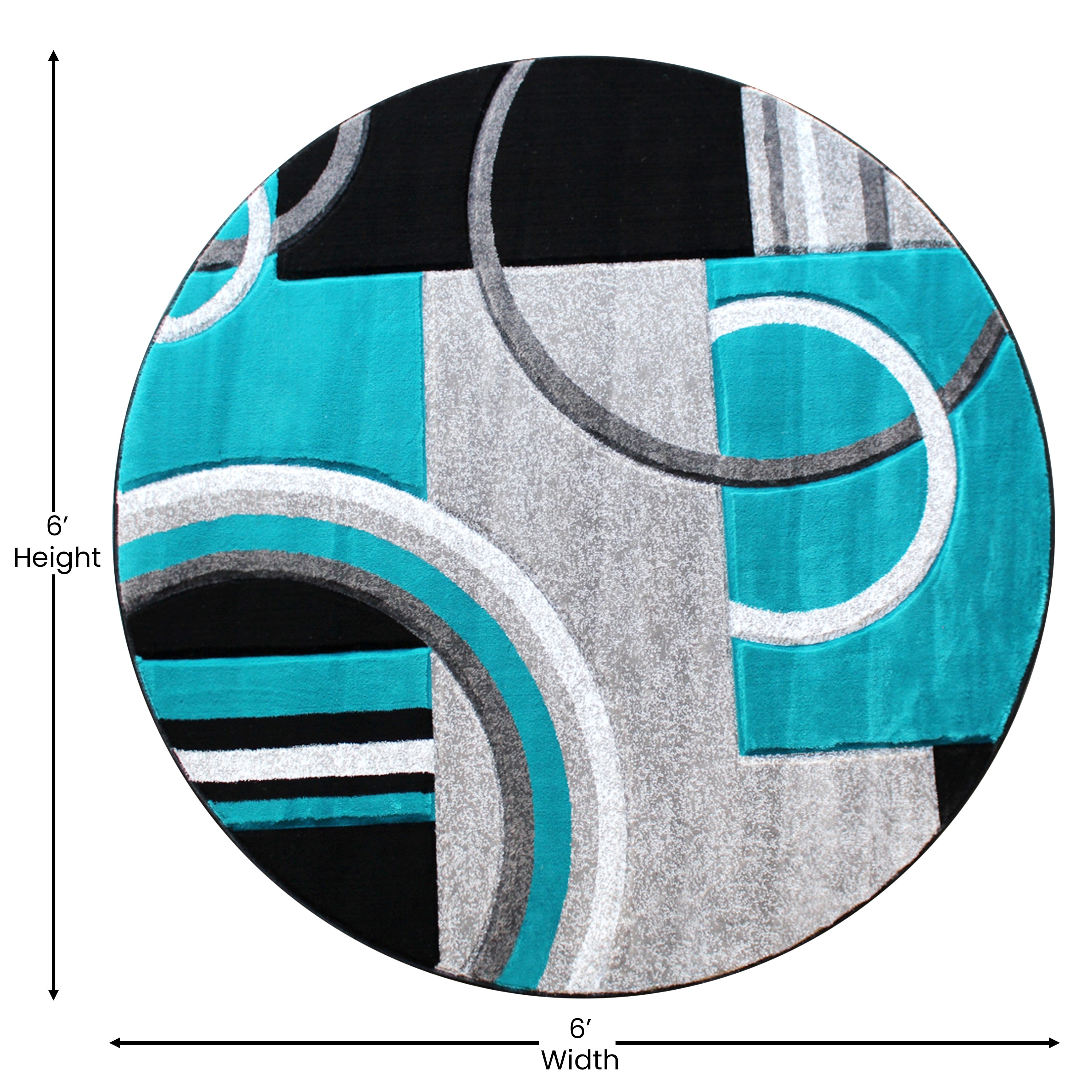 Audra Collection Round 5' x 5' Turquoise Abstract Area Rug - Olefin Rug with Jute Backing - Entryway, Living Room, or Bedroom