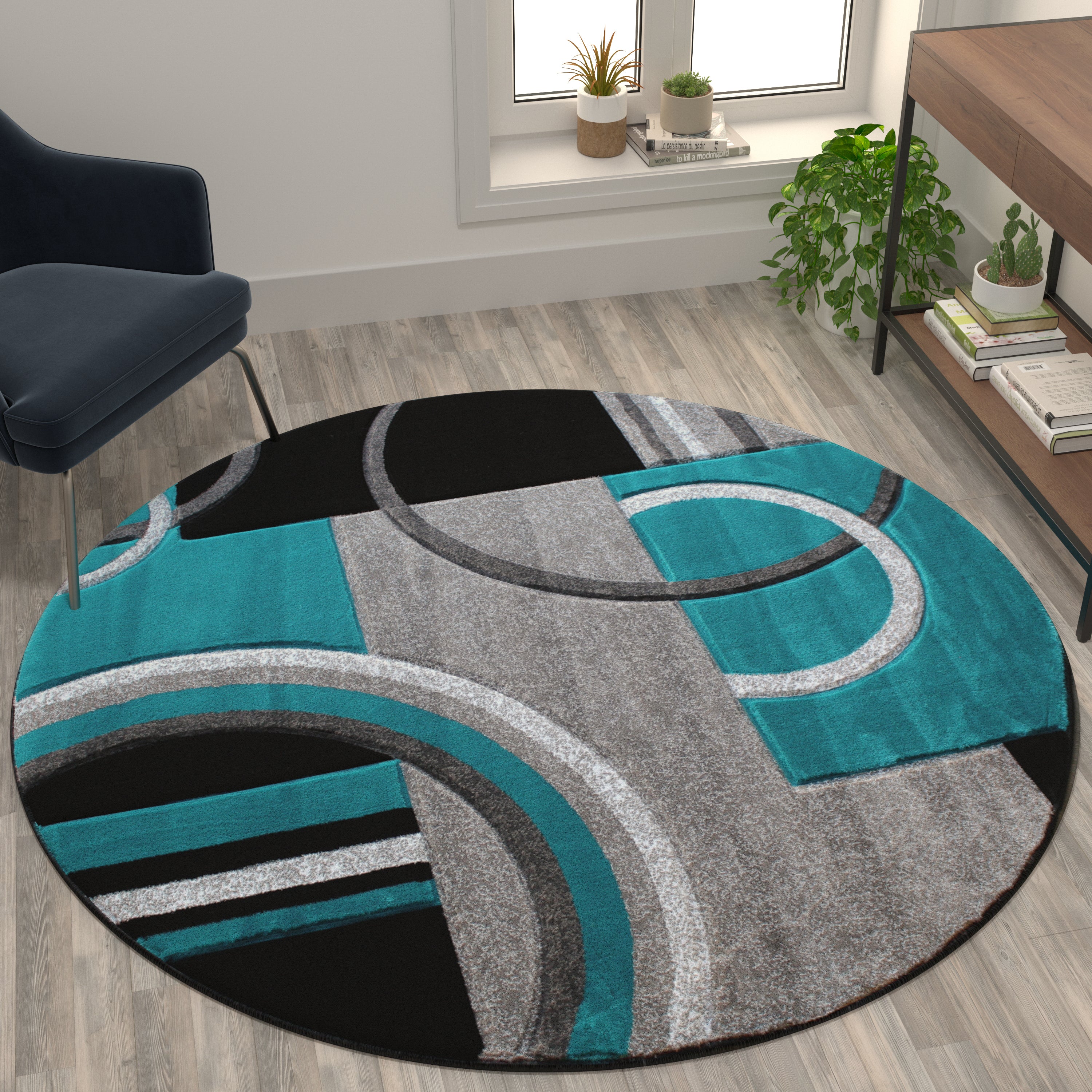 Audra Collection Round 5' x 5' Turquoise Abstract Area Rug - Olefin Rug with Jute Backing - Entryway, Living Room, or Bedroom
