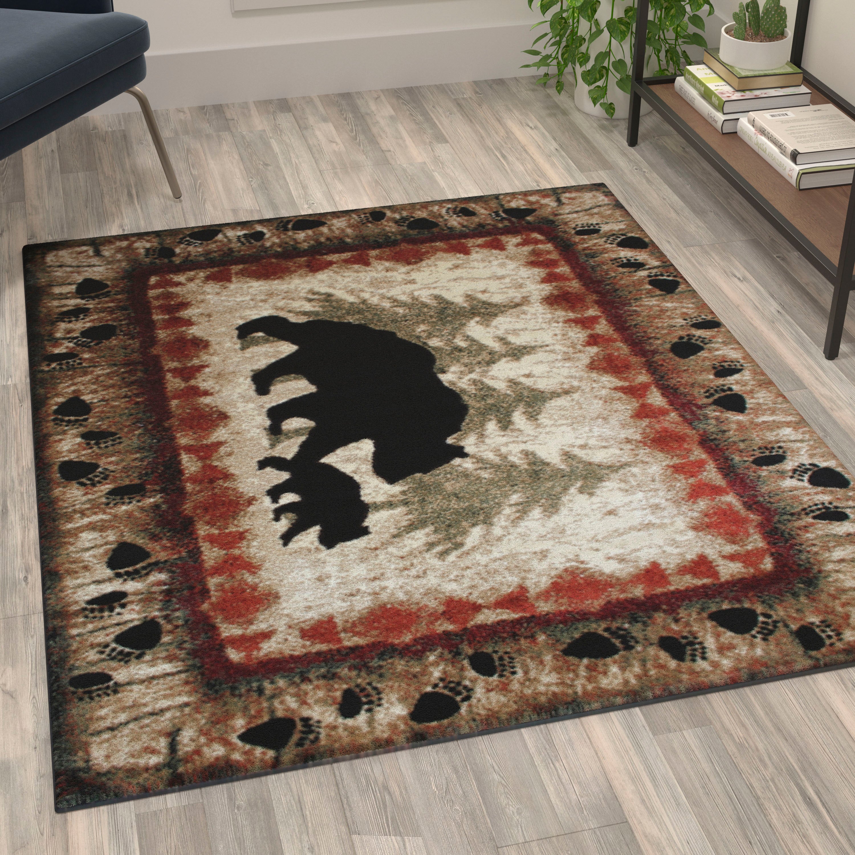 Ursus Collection 4' x 5' Rustic Lodge Wandering Black Bear and Cub Area Rug with Jute Backing