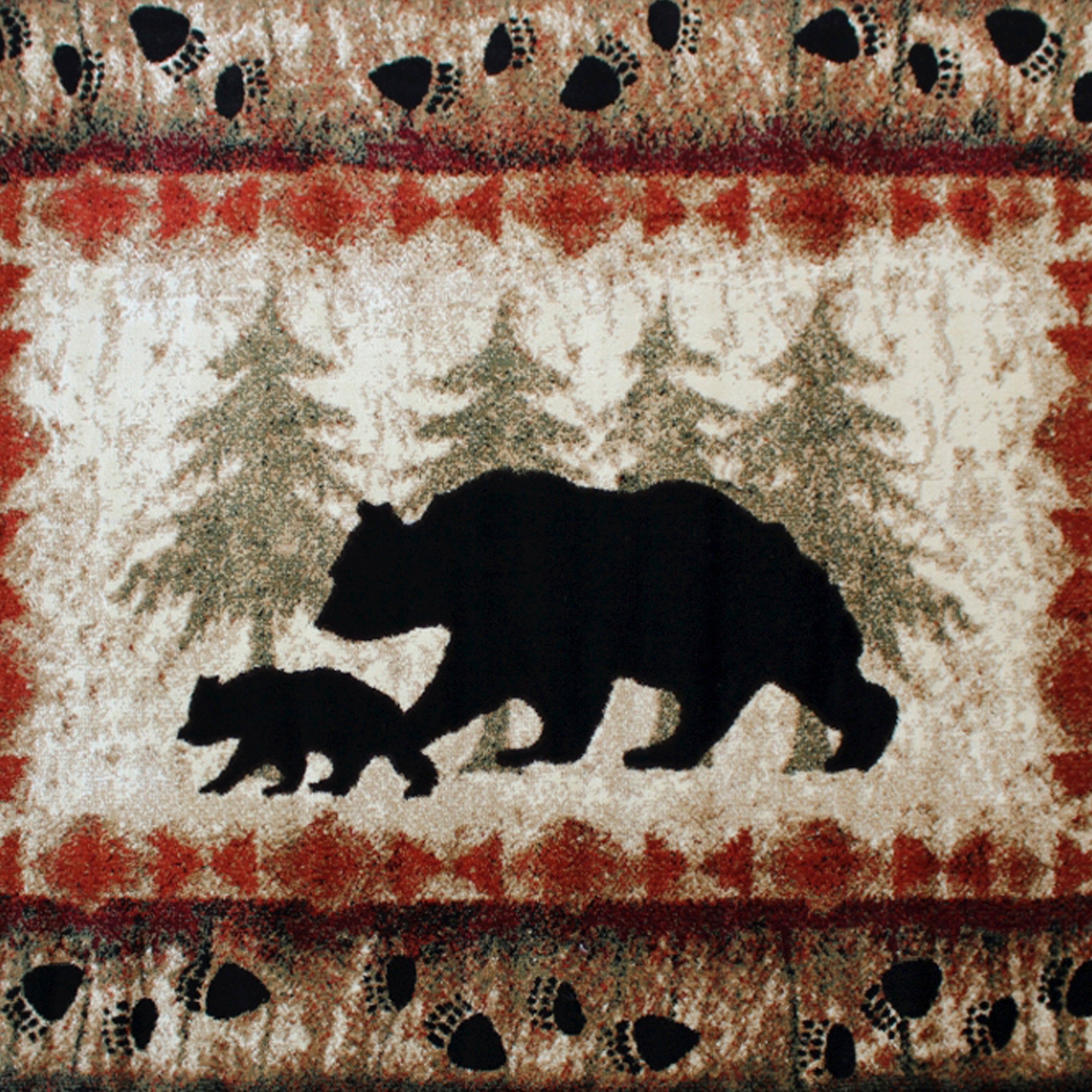 Ursus Collection 4' x 5' Rustic Lodge Wandering Black Bear and Cub Area Rug with Jute Backing