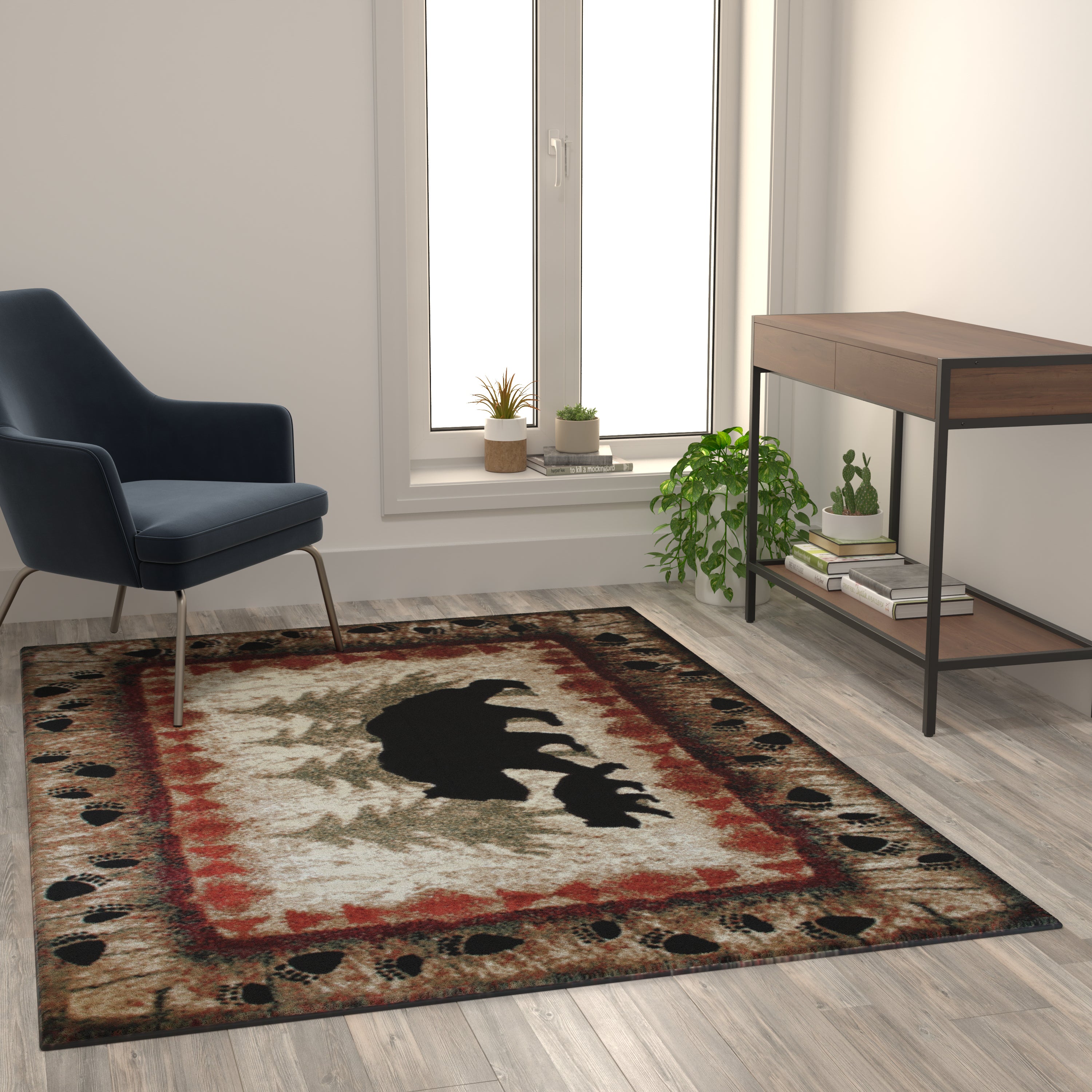 Ursus Collection 5' x 7' Rustic Lodge Wandering Black Bear and Cub Area Rug with Jute Backing