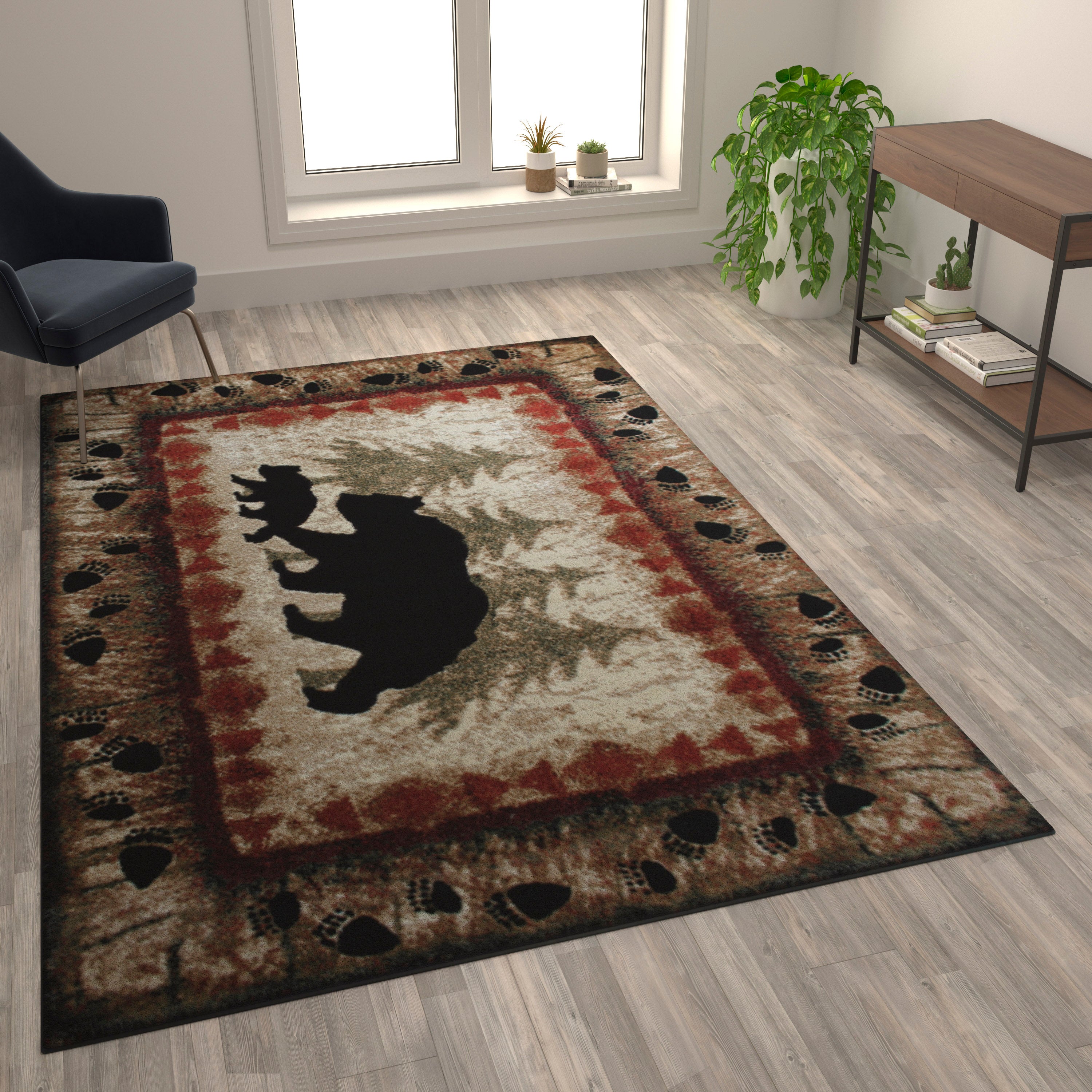 Ursus Collection 6' x 9' Rustic Lodge Wandering Black Bear and Cub Area Rug with Jute Backing