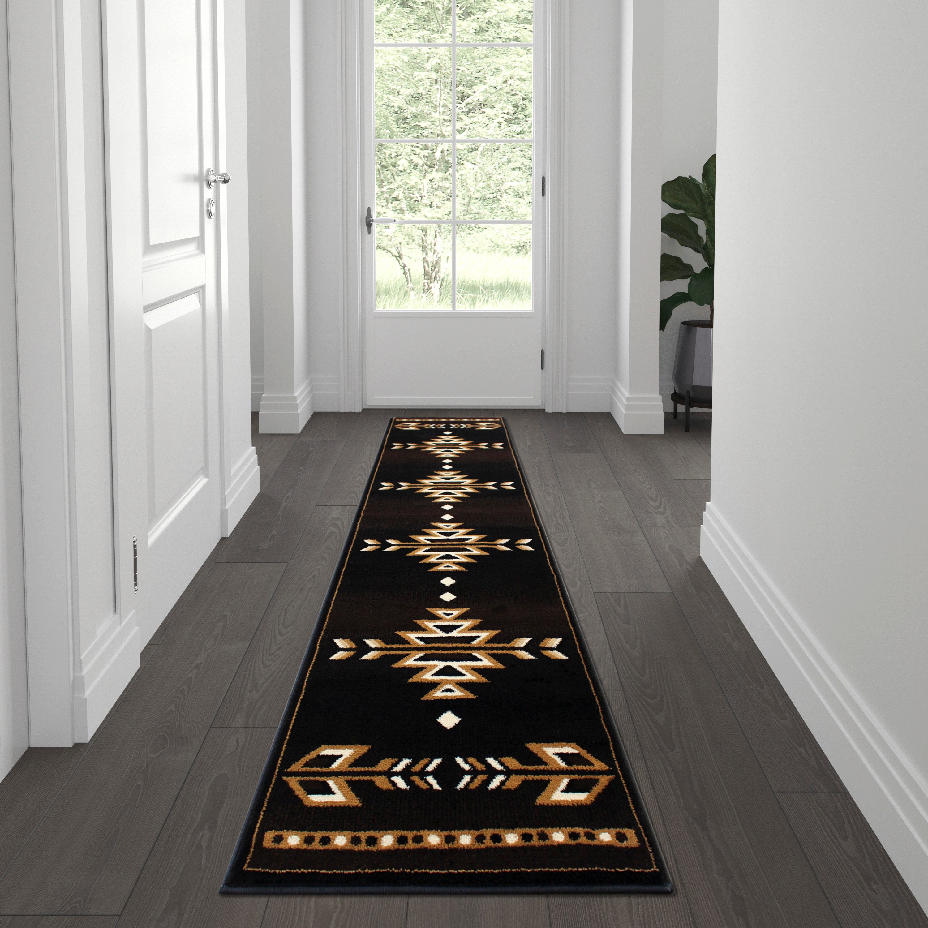 Amado Collection Southwestern 2' x 7' Brown Area Rug - Olefin Accent Rug with Jute Backing - Living Room, Bedroom, Entryway