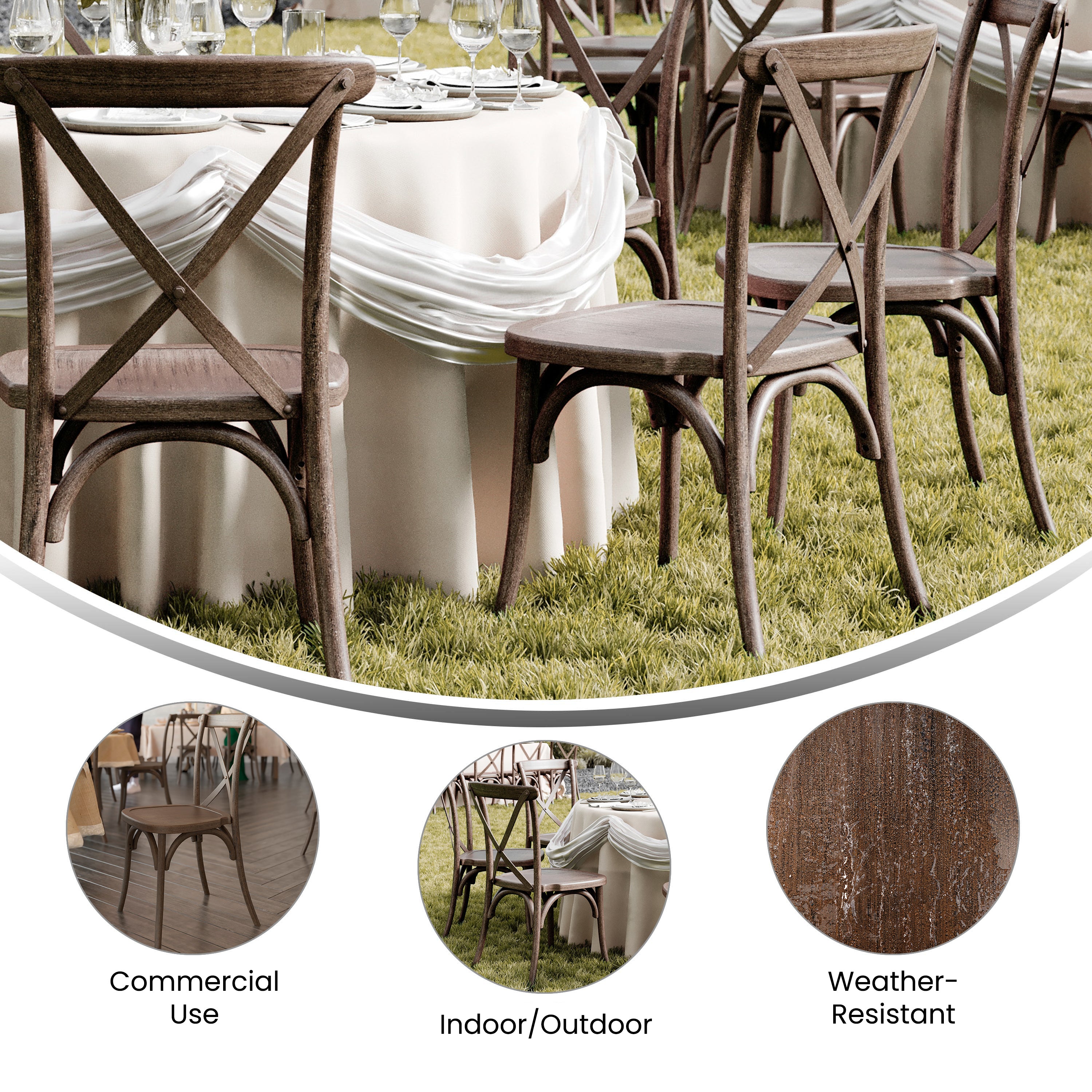 HERCULES Commercial Dark Brown Indoor/Outdoor Wood Look Stackable Resin Cross Back Chair