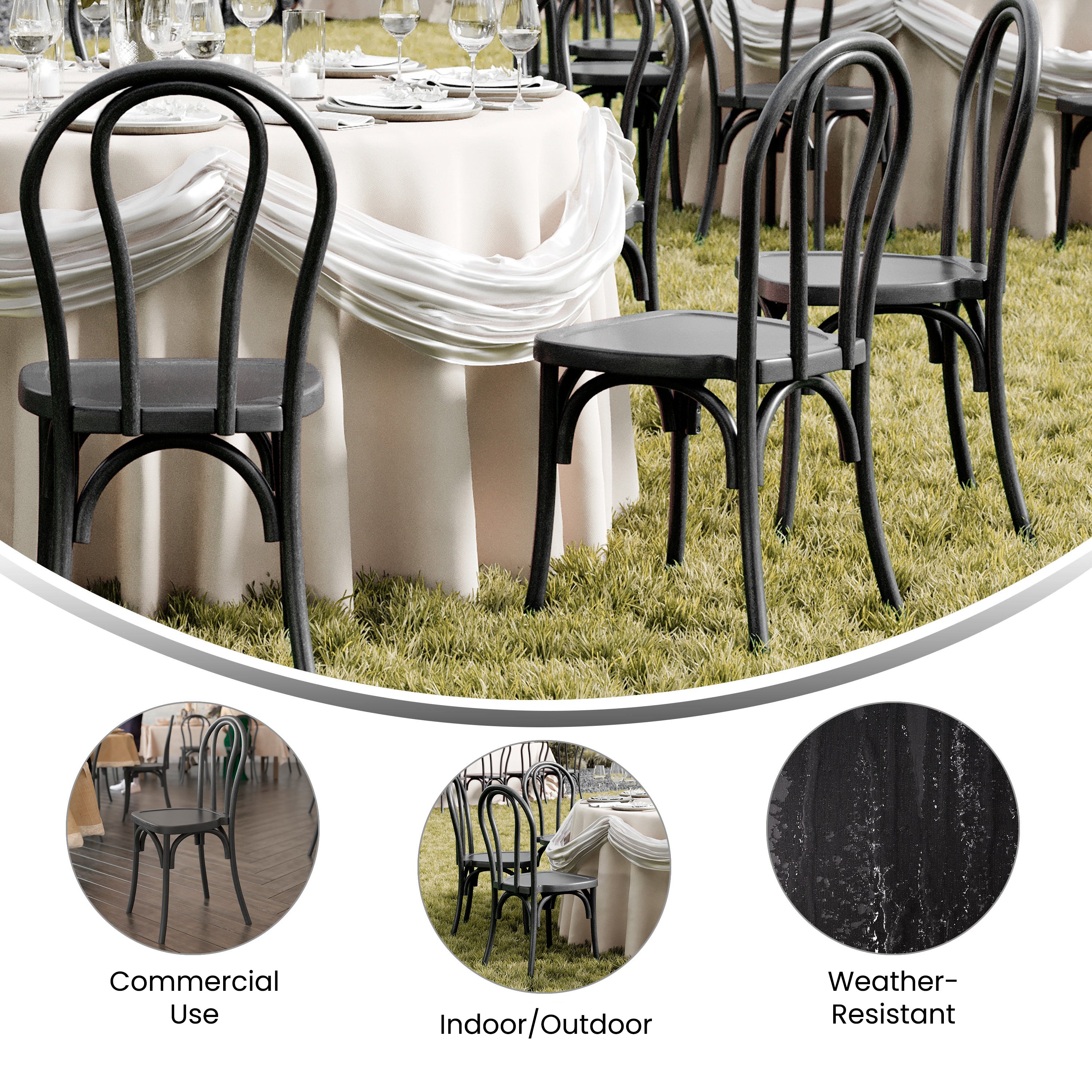 HERCULES Commercial Black Indoor/Outdoor Wood Look Stackable Resin Thonet Style Chair