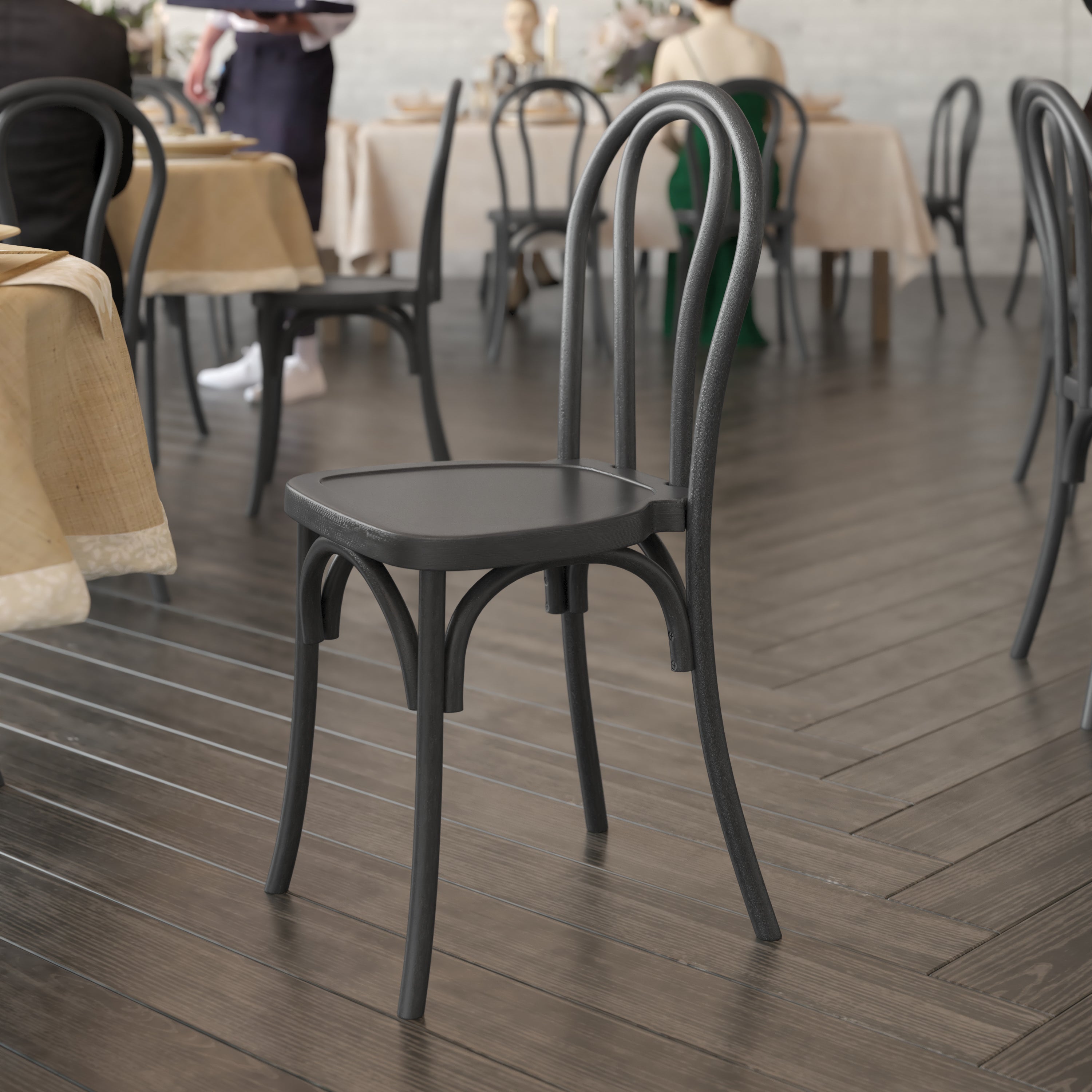 HERCULES Commercial Black Indoor/Outdoor Wood Look Stackable Resin Thonet Style Chair