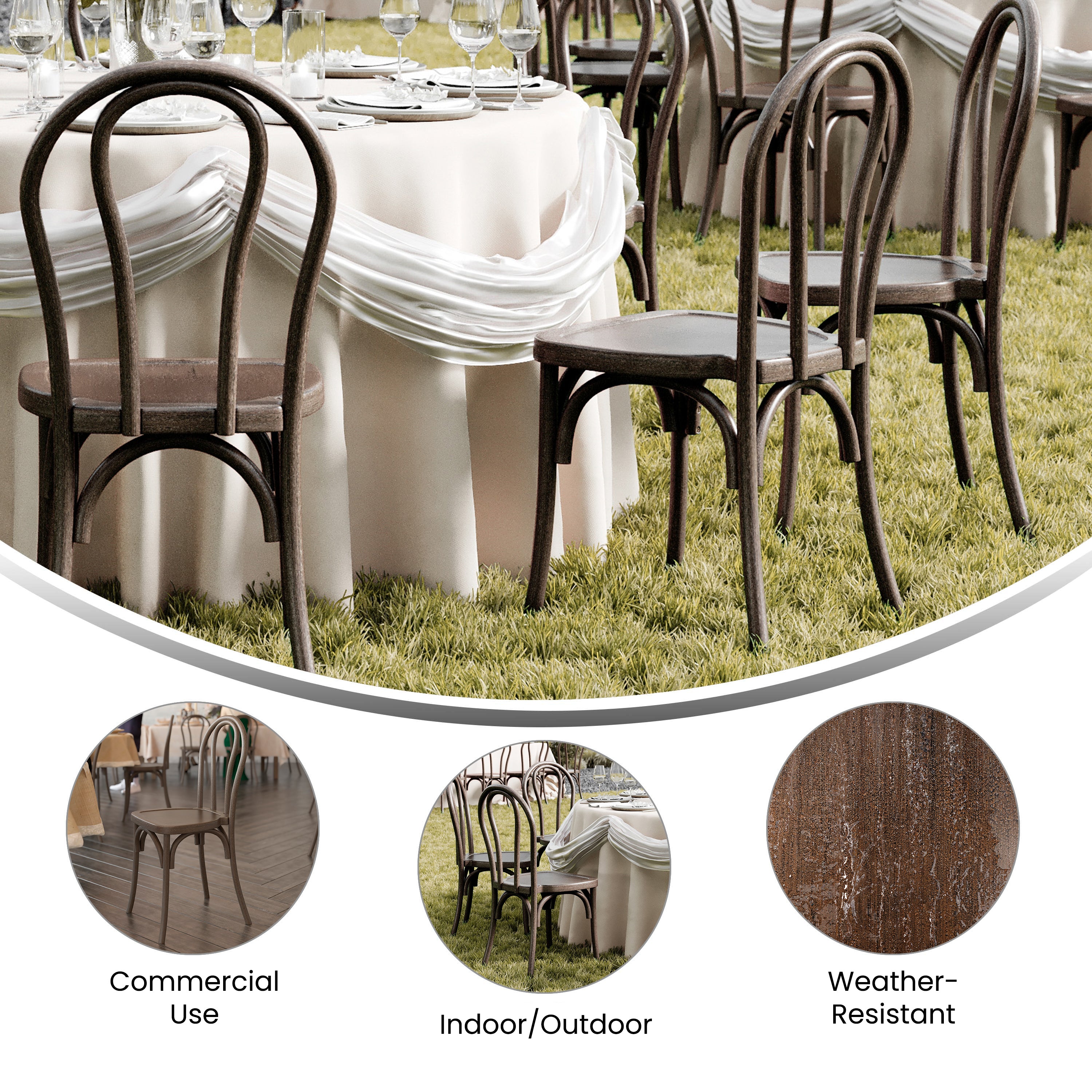 HERCULES Commercial Dark Brown Indoor/Outdoor Wood Look Stackable Resin Thonet Style Chair