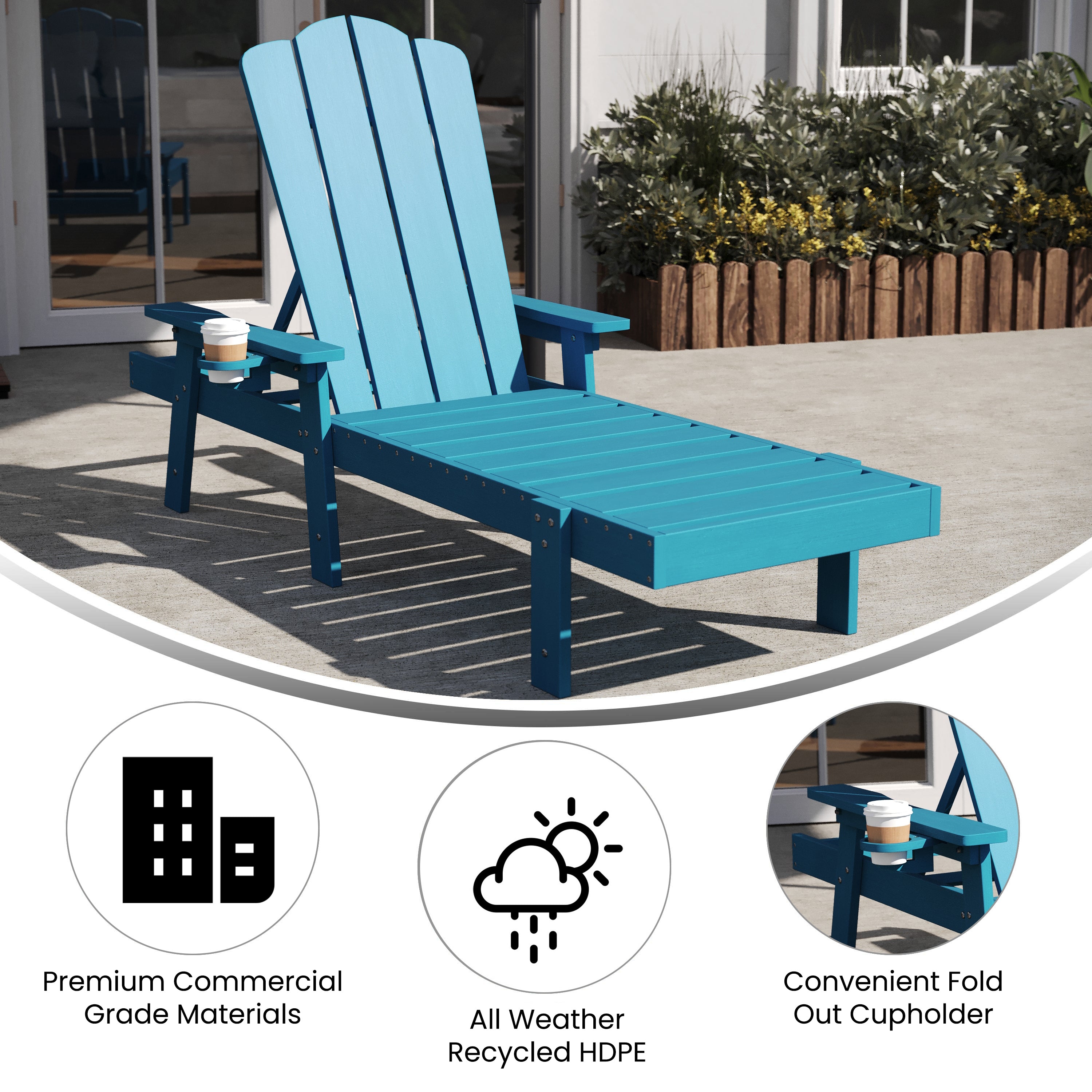 Sonora Commercial Grade Adjustable Adirondack Lounger with Cup Holder, All-Weather Indoor/Outdoor Recycled HDPE Lounge Chair in Blue